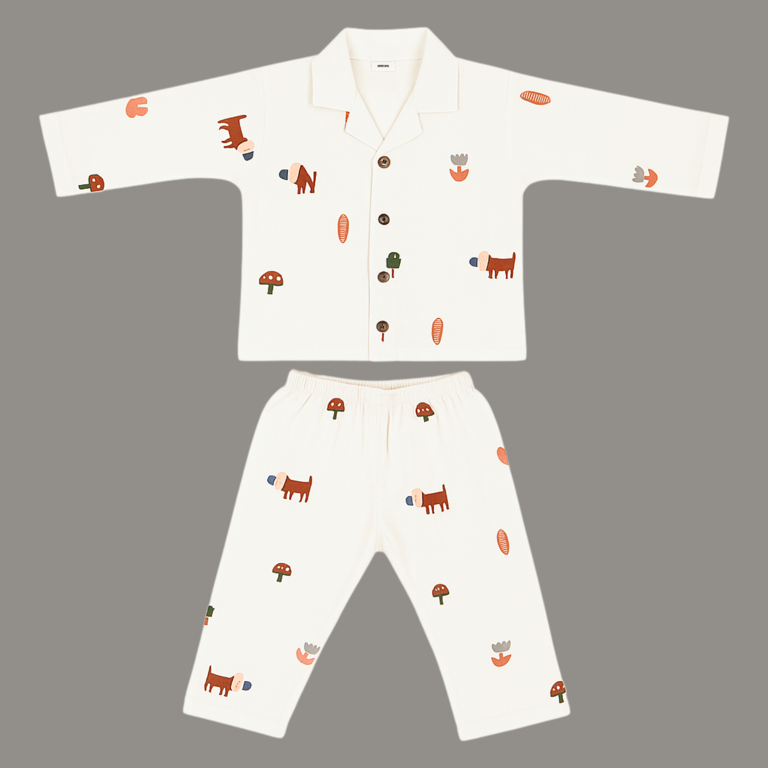 Smile Baby Girls Muslin Cotton Night Suit – Cream Woodland Print Pajama Set (Age 3–8 Years)