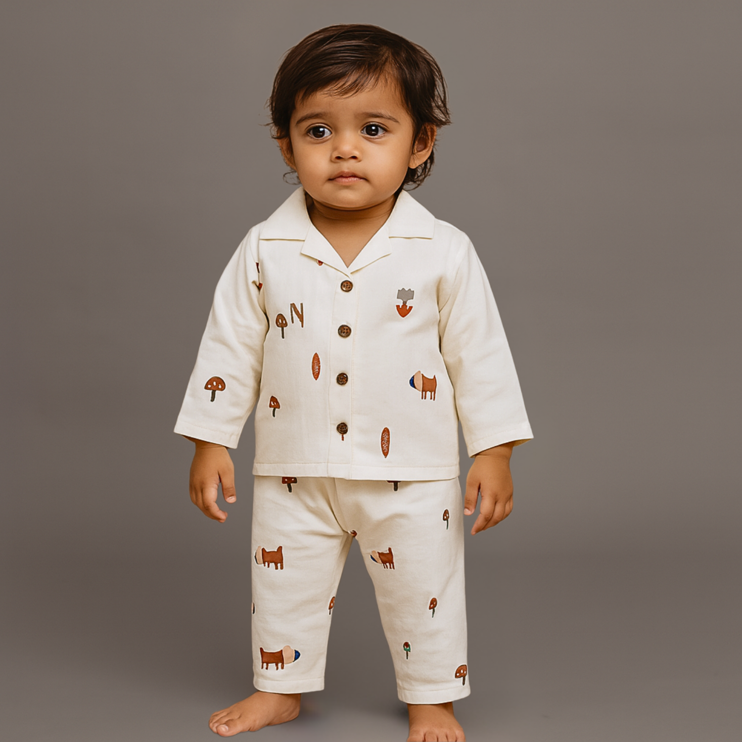 Smile Baby Girls Muslin Cotton Night Suit – Cream Woodland Print Pajama Set (Age 3–8 Years)