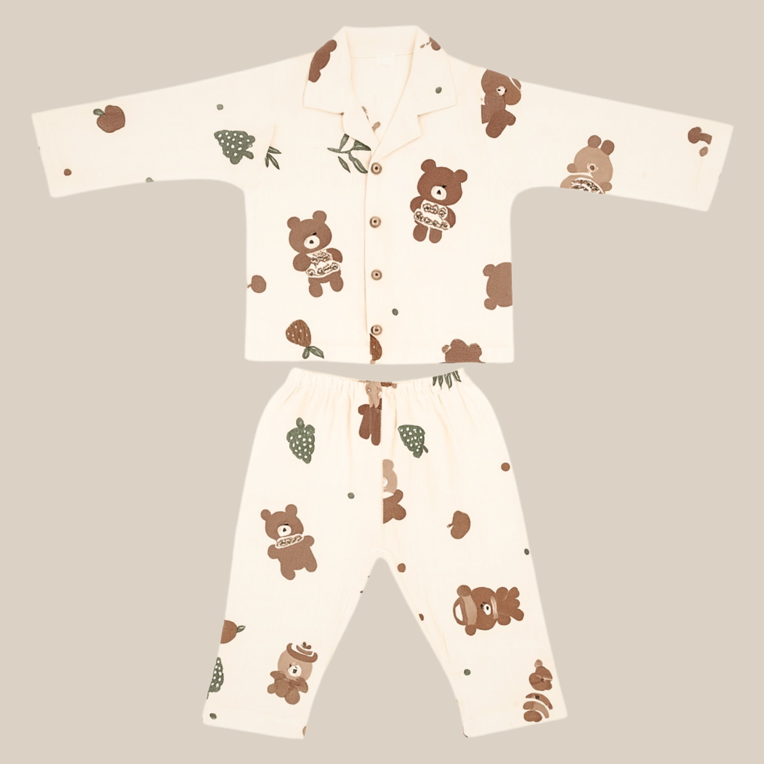 Smile Baby Girls Muslin Cotton Night Suit – Teddy Bear Print Pajama Set (Age 6–36 Months)
