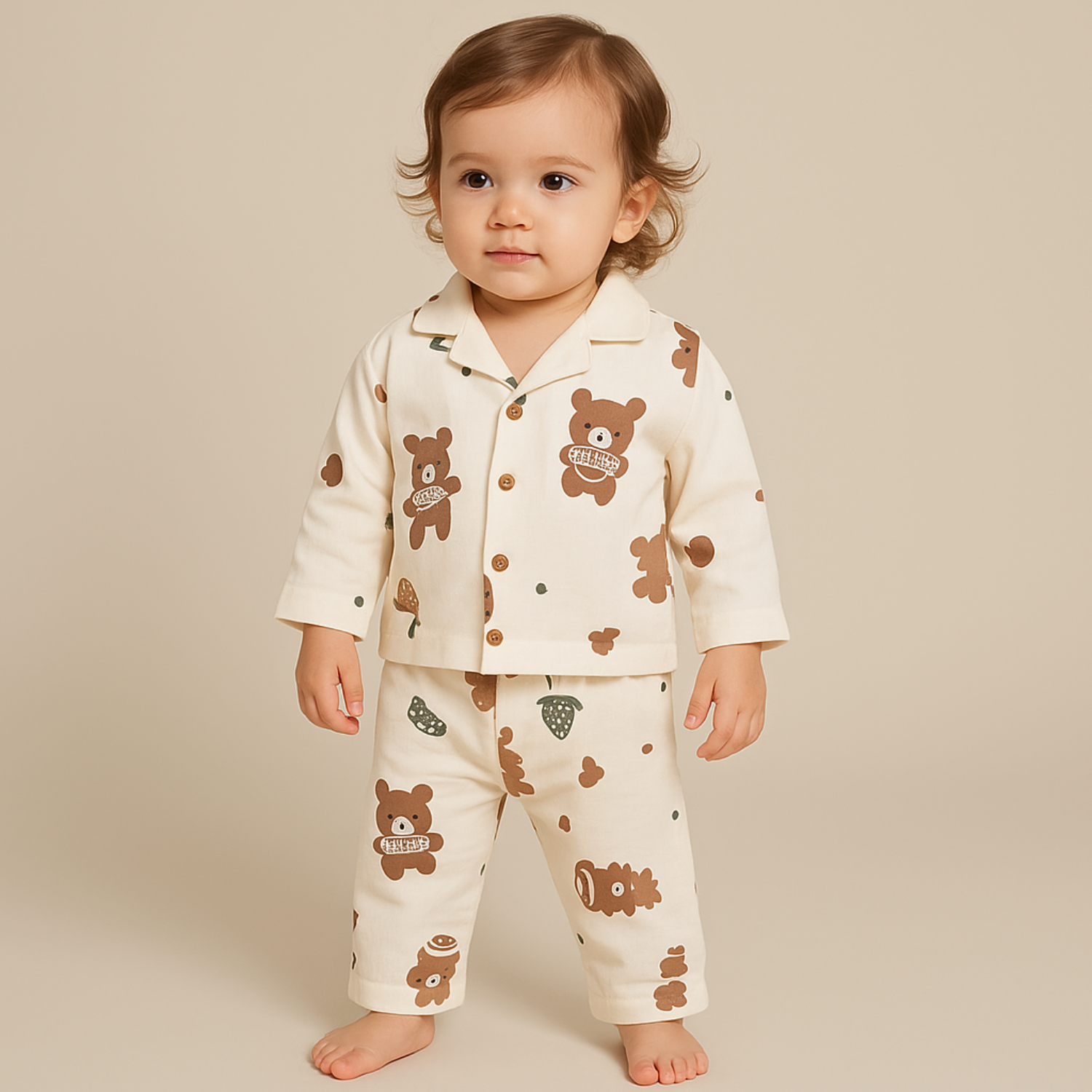 Smile Baby Girls Muslin Cotton Night Suit – Teddy Bear Print Pajama Set (Age 6–36 Months)