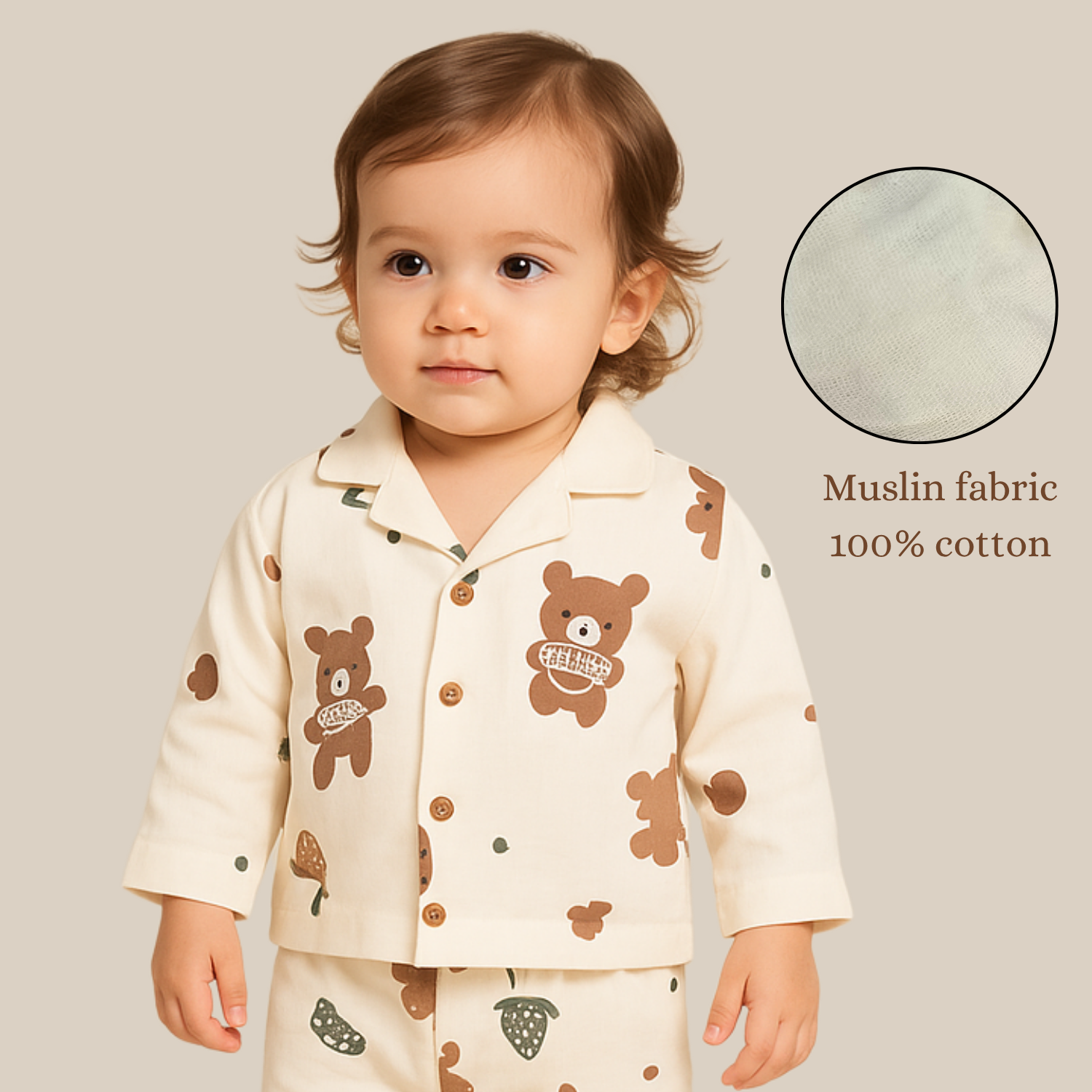Smile Baby Girls Muslin Cotton Night Suit – Teddy Bear Print Pajama Set (Age 6–36 Months)