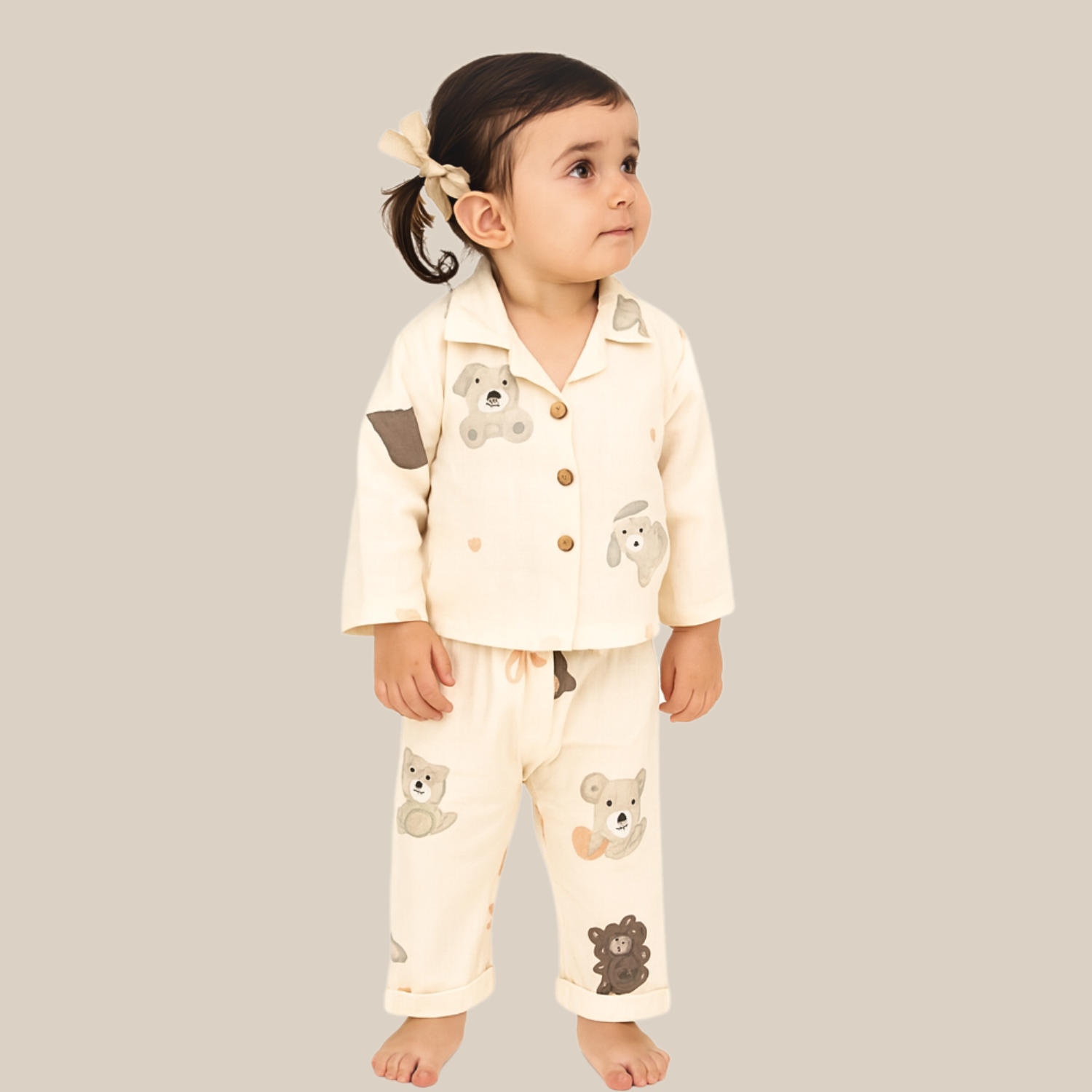 Muslin Cotton Beige Animal Print Night Suit for Girls (3–36 Months)