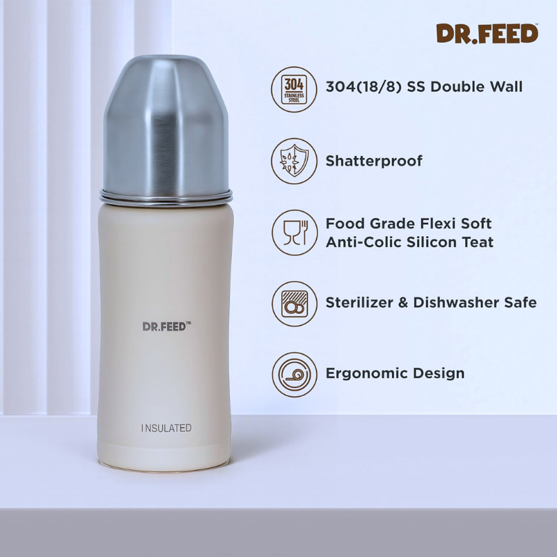 ADORE DR.FEED Majestique Insulated Stainless Steel Baby Feeding Bottle – 270 ml (Double Wall, BPA-Free)