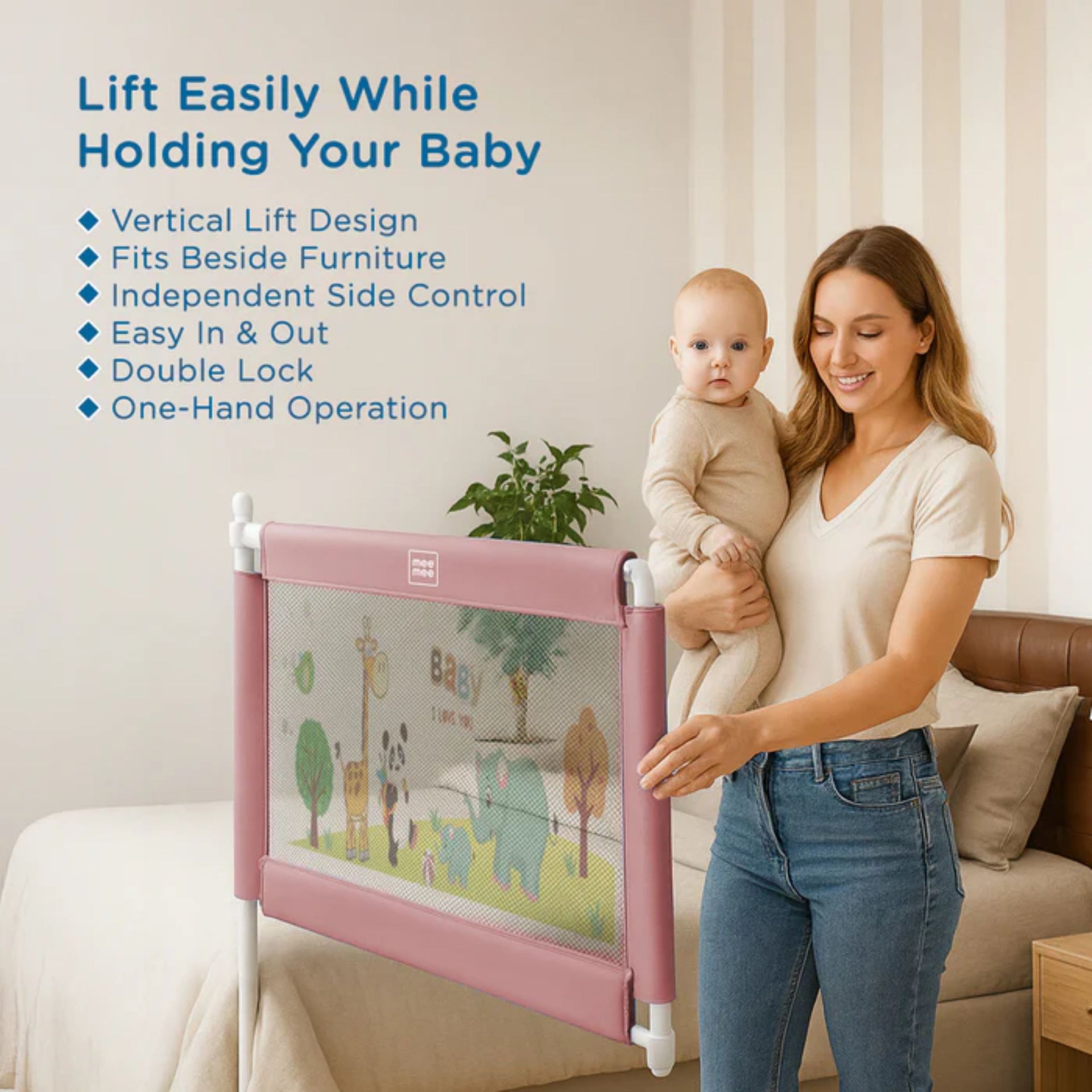 MEE MEE Adjustable Baby Bed Rail Guard – Pink Animal Print | 180 x 72 cm | Breathable Mesh, Easy Lift, Tool-Free Setup