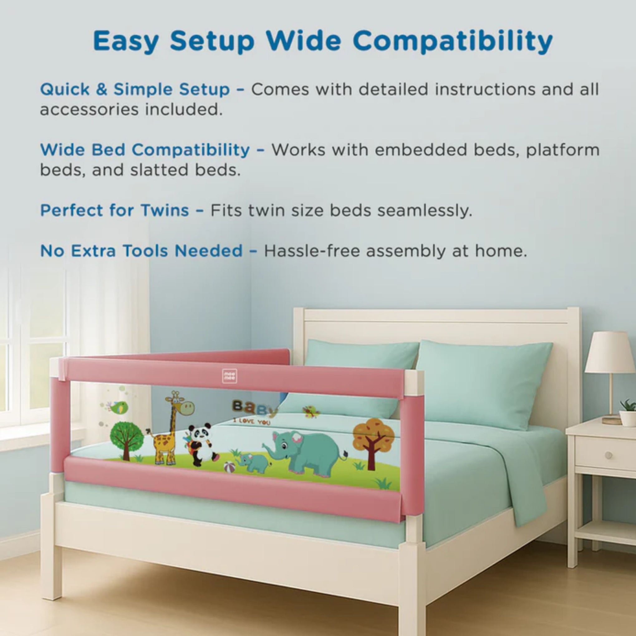 MEE MEE Adjustable Baby Bed Rail Guard – Pink Animal Print | 180 x 72 cm | Breathable Mesh, Easy Lift, Tool-Free Setup