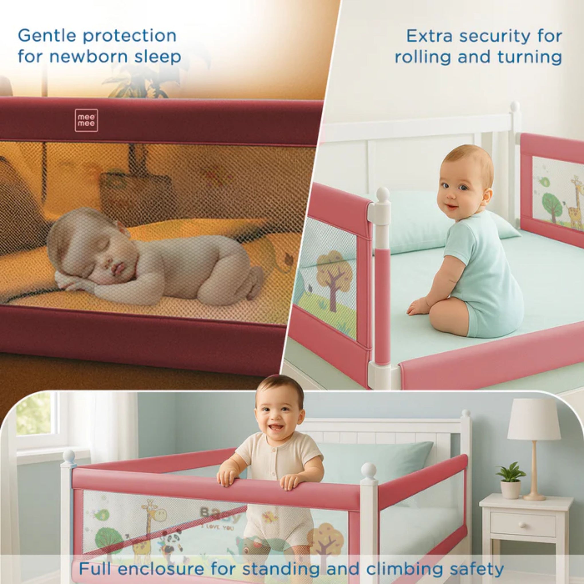 MEE MEE Adjustable Baby Bed Rail Guard – Pink Animal Print | 180 x 72 cm | Breathable Mesh, Easy Lift, Tool-Free Setup