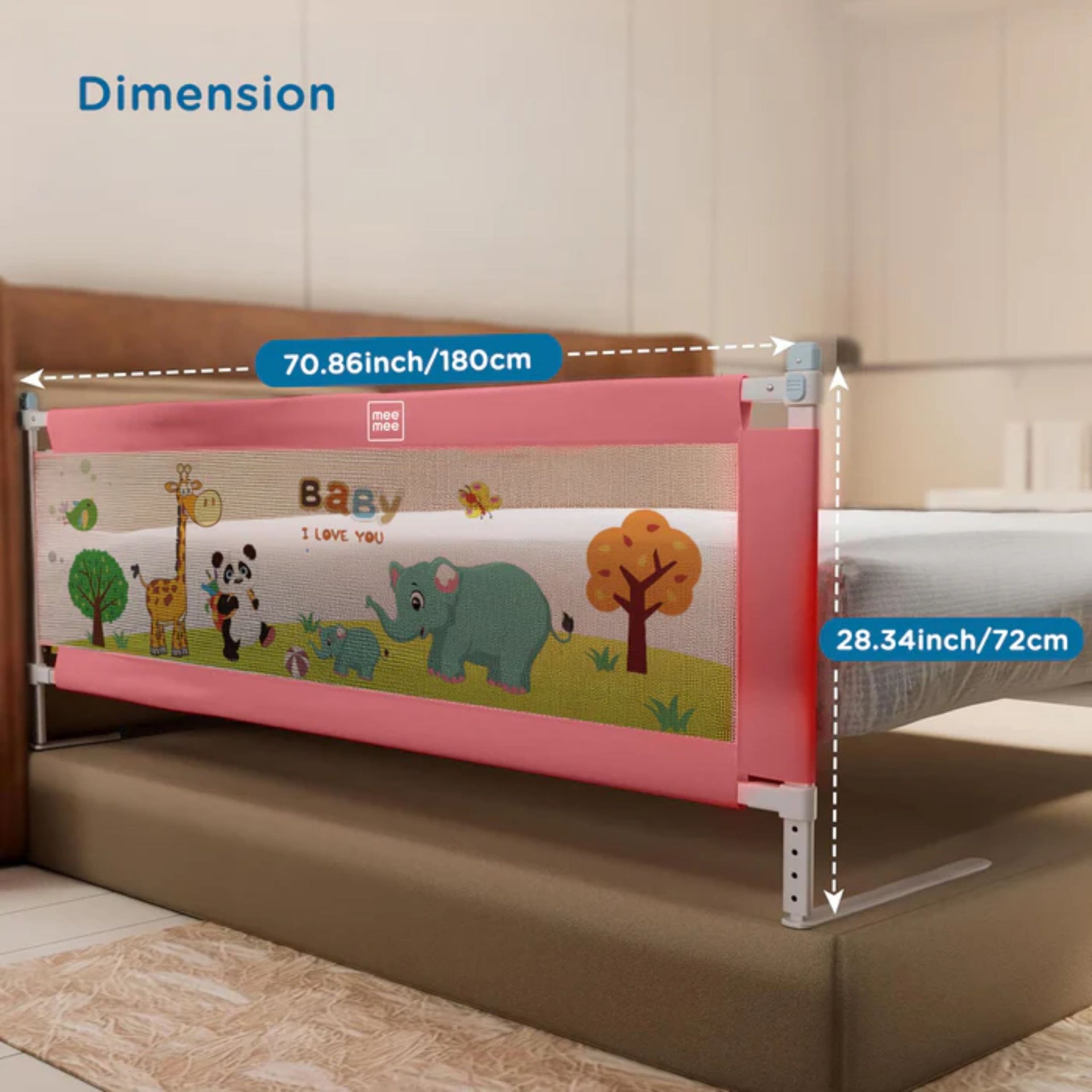 MEE MEE Adjustable Baby Bed Rail Guard – Pink Animal Print | 180 x 72 cm | Breathable Mesh, Easy Lift, Tool-Free Setup