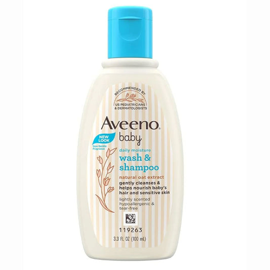 Aveeno NEW baby daily moisture wash & shampoo natural oat extract gently cleanses & helps nourish baby's hair and sensitive skin lightly scented hypoallergenic & tear-free 3.3 FL OZ (100 ml)