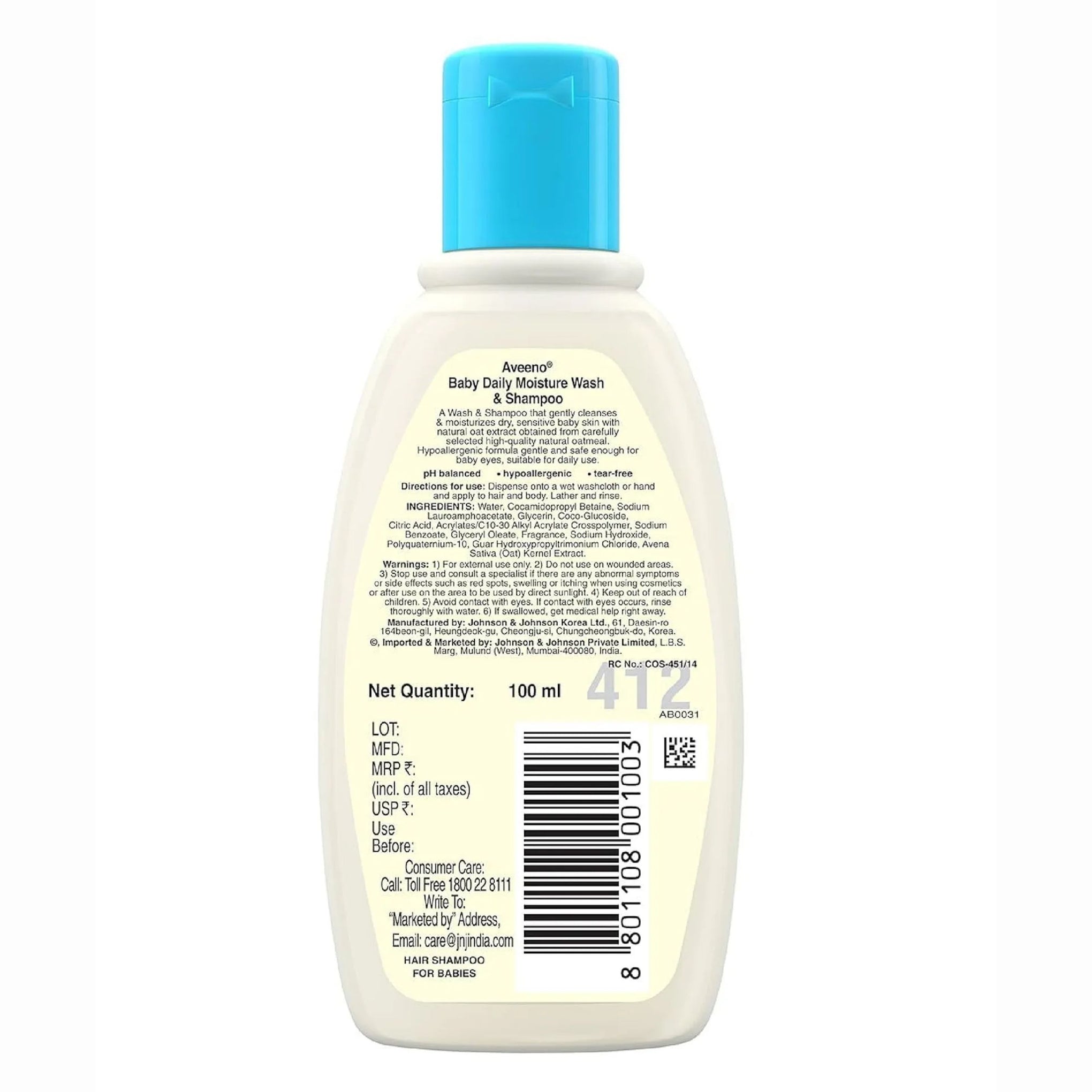 Aveeno NEW baby daily moisture wash & shampoo natural oat extract gently cleanses & helps nourish baby's hair and sensitive skin lightly scented hypoallergenic & tear-free 3.3 FL OZ (100 ml)