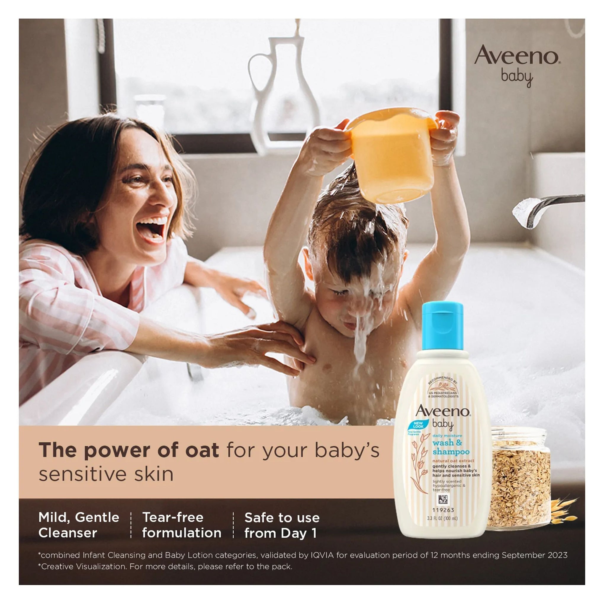 Aveeno NEW baby daily moisture wash & shampoo natural oat extract gently cleanses & helps nourish baby's hair and sensitive skin lightly scented hypoallergenic & tear-free 3.3 FL OZ (100 ml)