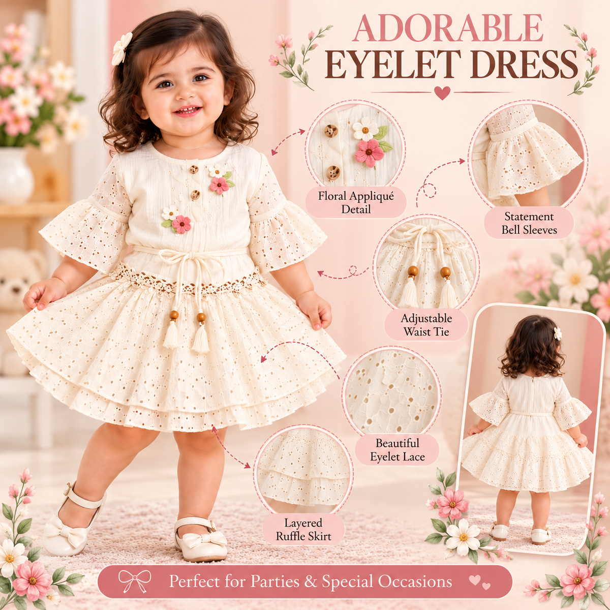 SMILE BABY cream eyelet dress features infographic