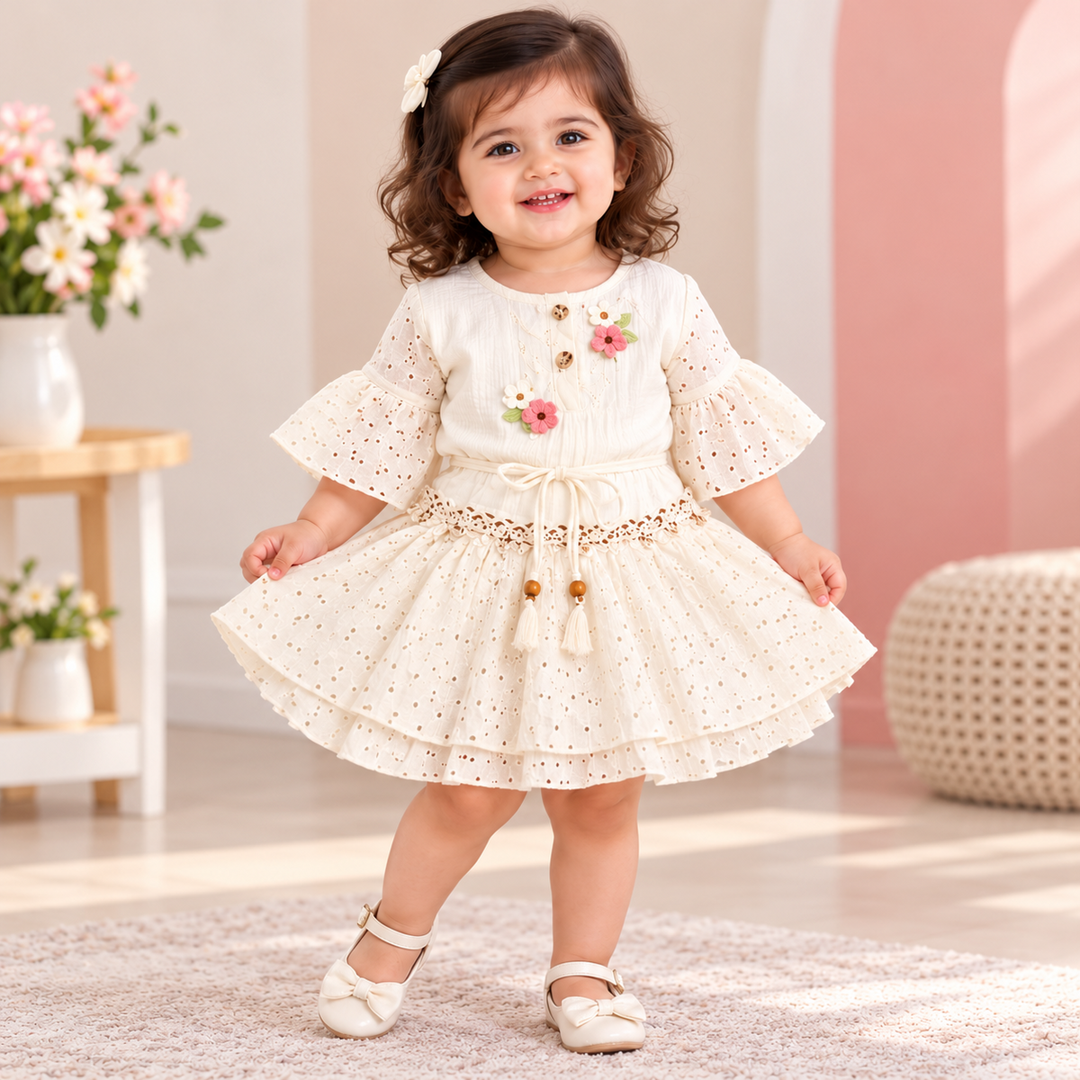 Front view of SMILE BABY cream eyelet dress