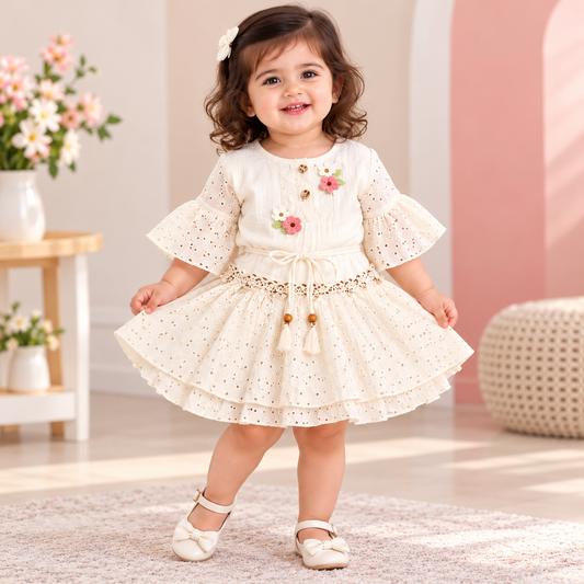 Front view of SMILE BABY cream eyelet dress