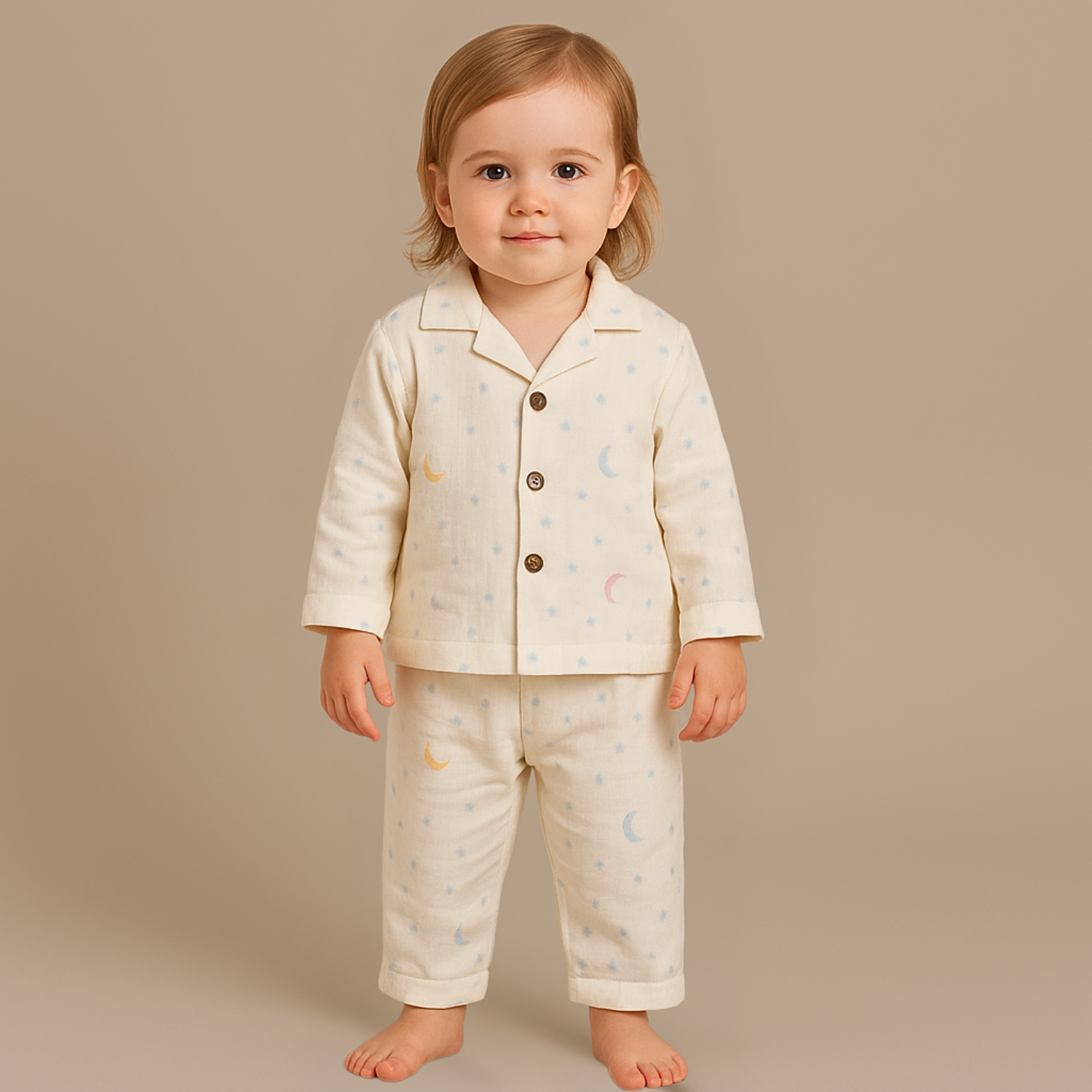 Girls Muslin Cotton Printed Night Suit – Moon & Stars Design | 6–36 Months
