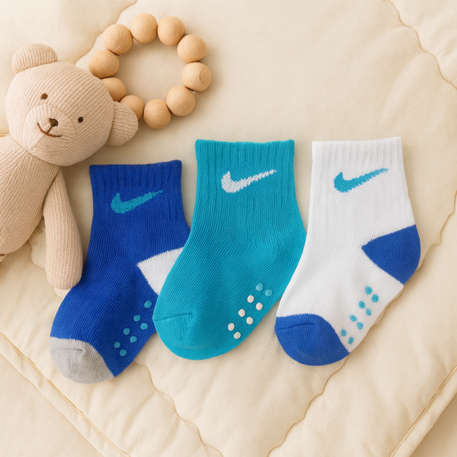 SMILE BABY 3-Pair Anti-Slip Toddler Socks – Blue, Aqua & White (1–5Y)