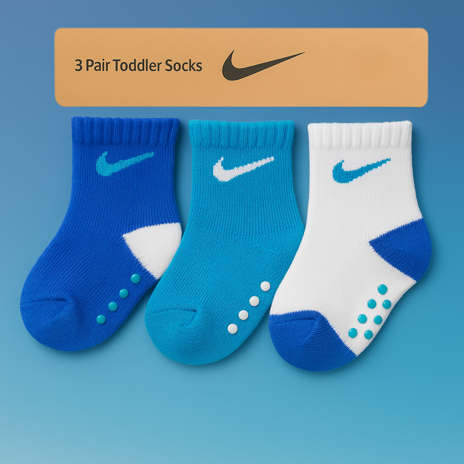 SMILE BABY 3-Pair Anti-Slip Toddler Socks – Blue, Aqua & White (1–5Y)