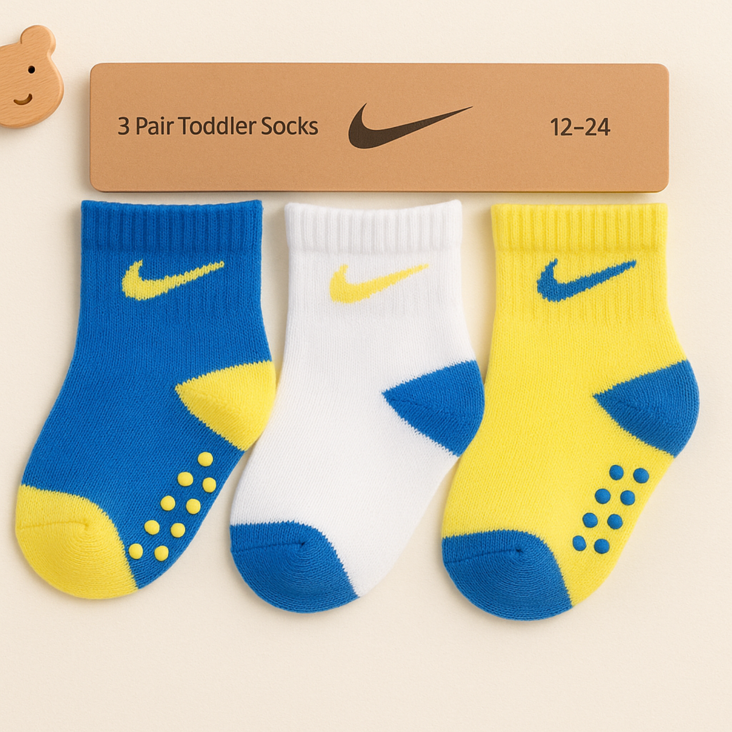 SMILE BABY 3-Pair Anti-Slip Toddler Socks – Blue, White & Yellow (1–5Y)