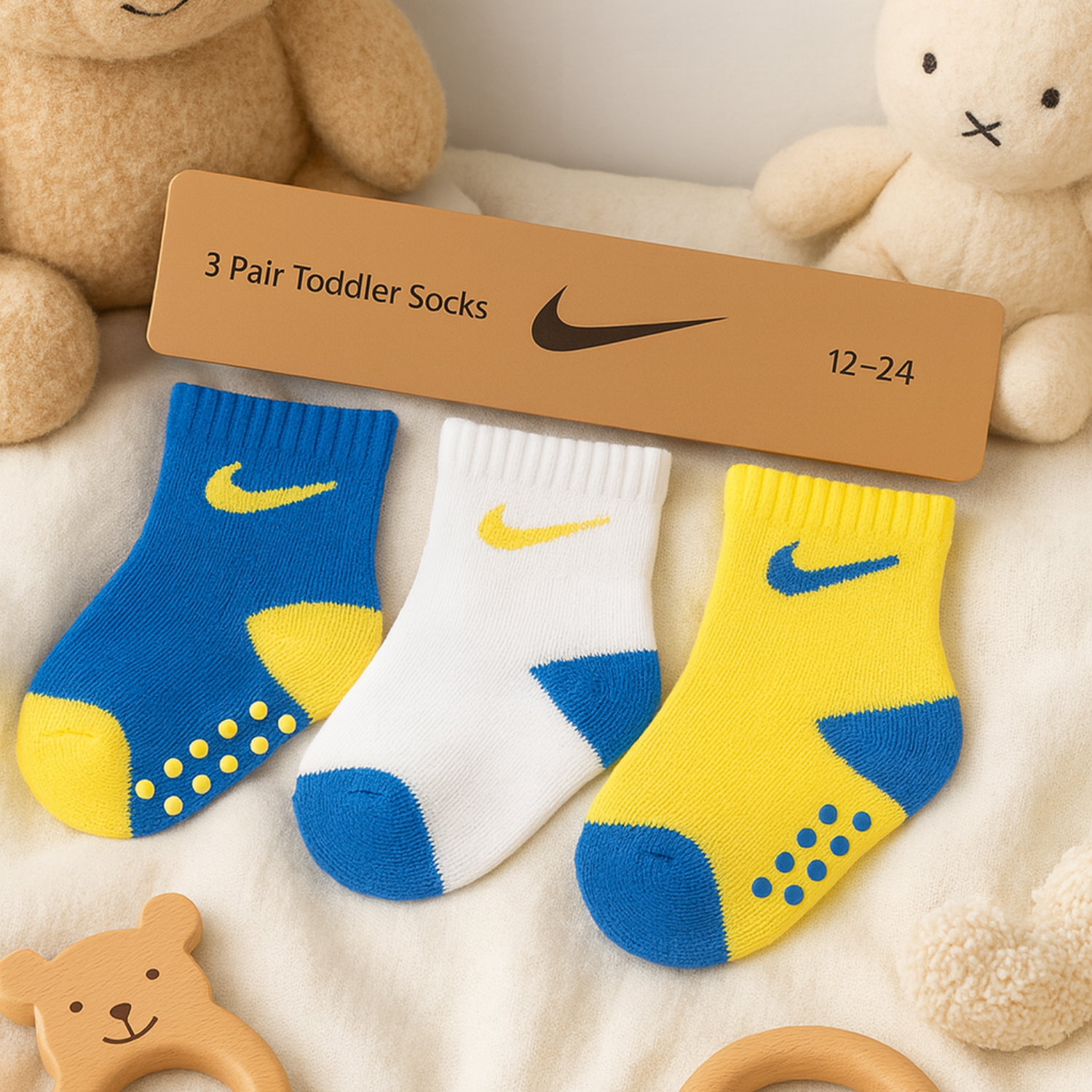 SMILE BABY 3-Pair Anti-Slip Toddler Socks – Blue, White & Yellow (1–5Y)