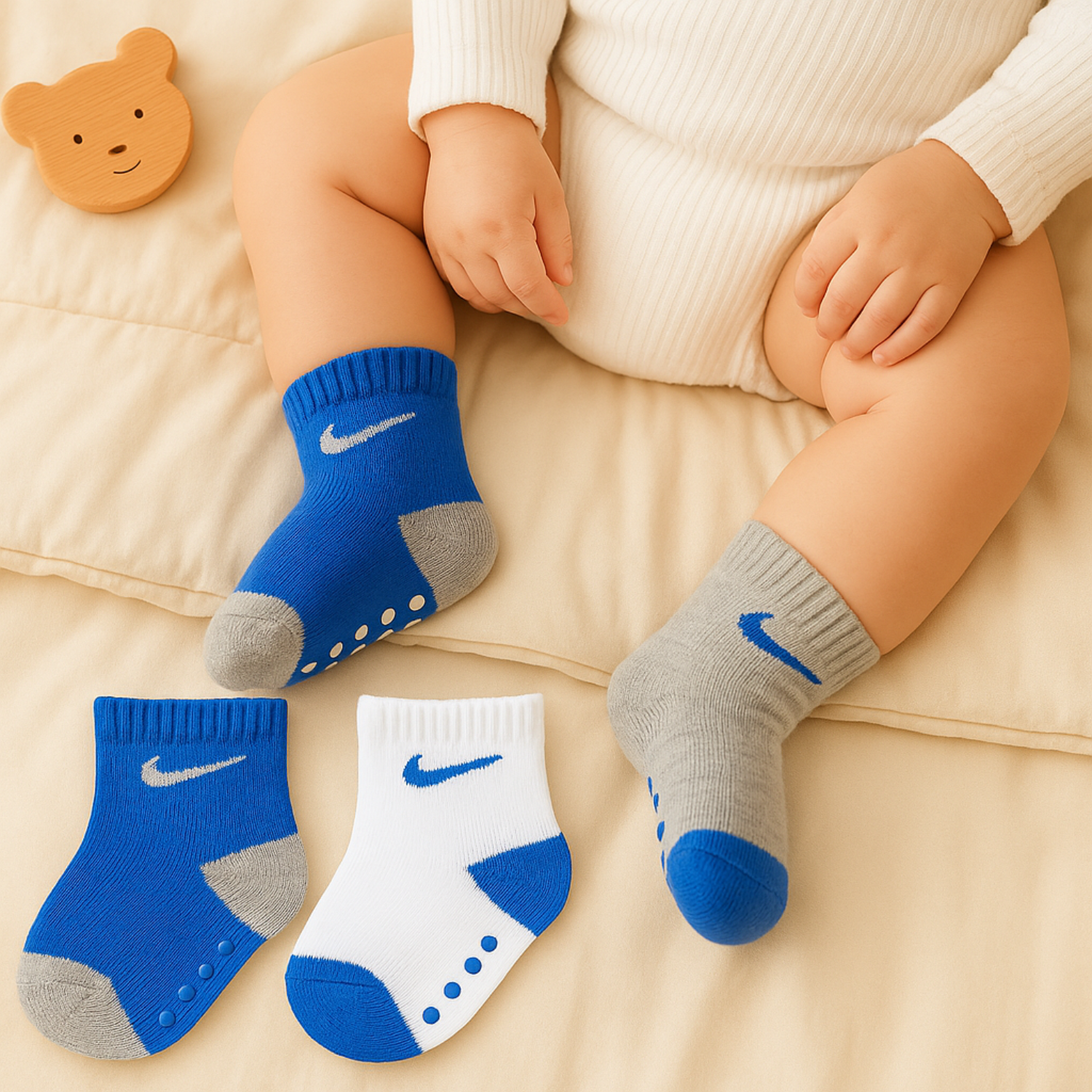 SMILE BABY 3-Pair Anti-Slip Toddler Socks – Blue, White & Grey (1–5Y)