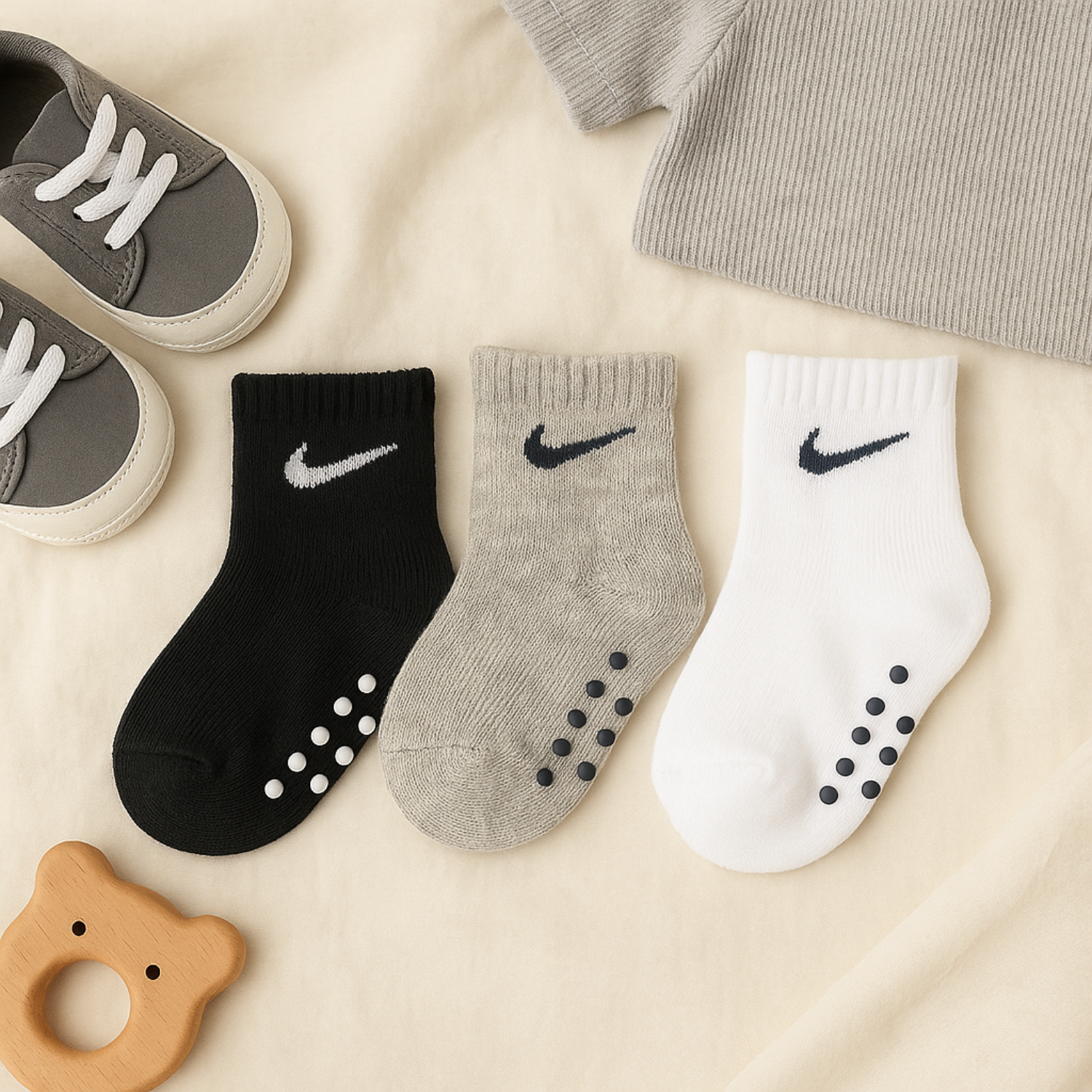 SMILE BABY 3-Pair Anti-Slip Toddler Socks – Black, Grey & White (1–5Y)