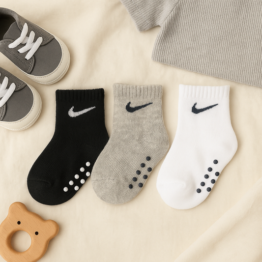 SMILE BABY 3-Pair Anti-Slip Toddler Socks – Black, Grey & White (1–5Y)