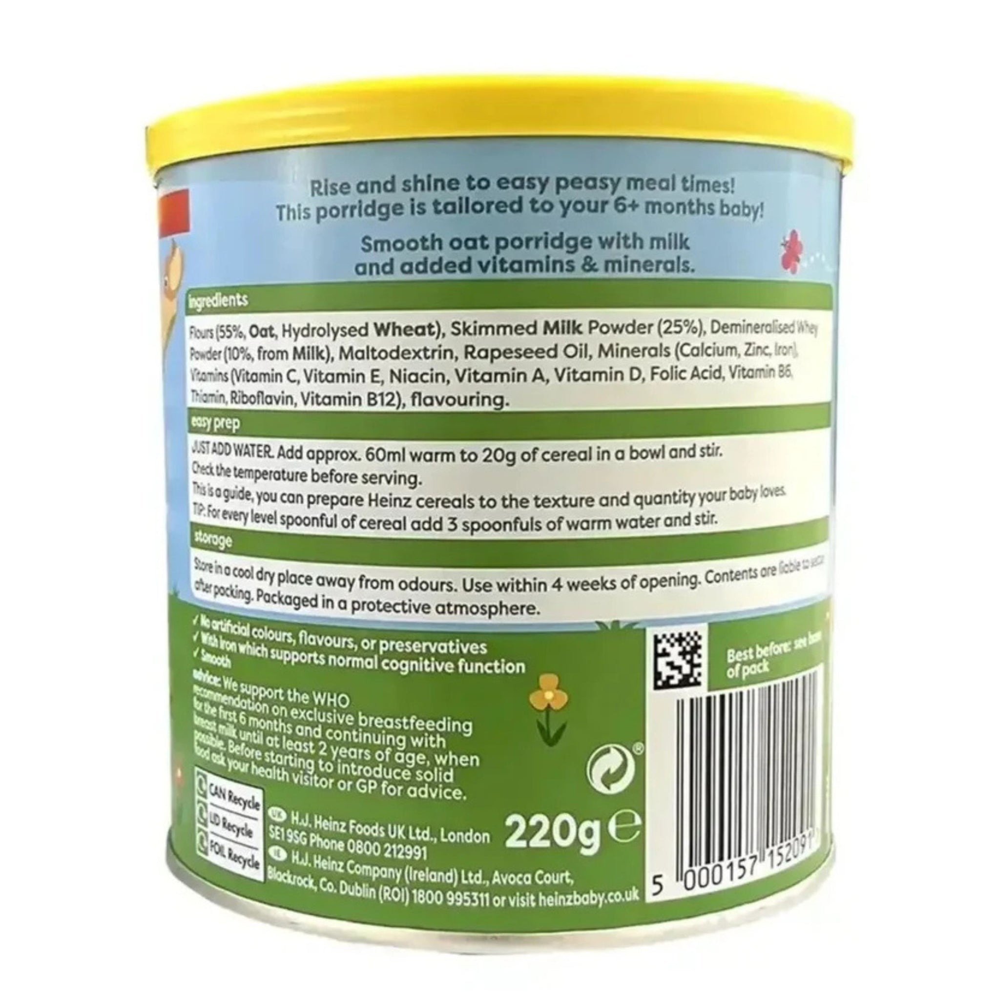 Heinz Baby Oat Porridge | 220g | With Added Iron | Suitable from 6+ Months | 11 Portions