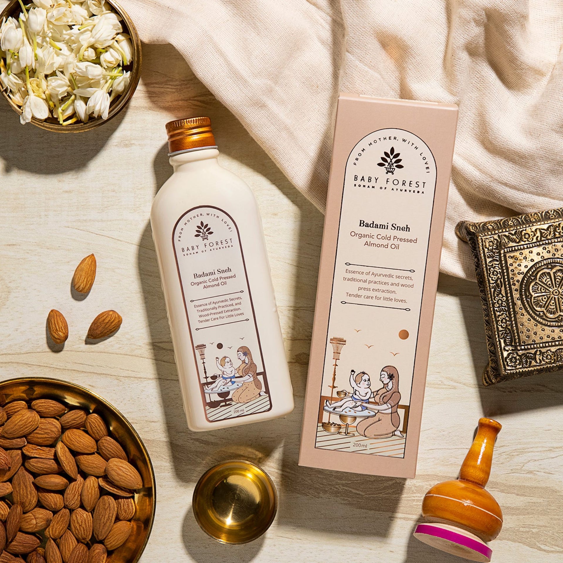 Baby Forest Badami Sneh Organic Cold Pressed Almond Oil (200 ml) – Ayurvedic Baby Massage Oil for Brain Development, Bones & Skin Nourishment