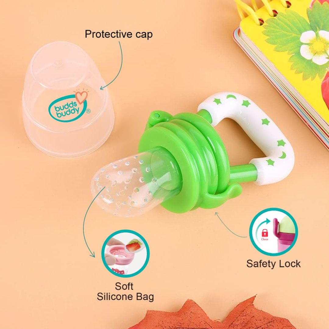 BuddsBuddy Silicone Fruit & Food Nibbler with Extra Teat | Soft Pacifier/Feeder |Baby Fruit Feeder | Teether for Infant Baby, Infant | Green | BPA Free