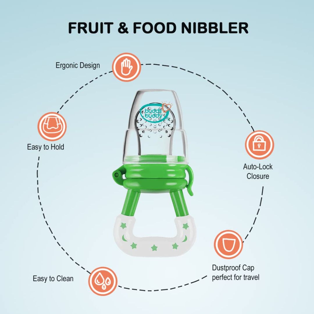 BuddsBuddy Silicone Fruit & Food Nibbler with Extra Teat | Soft Pacifier/Feeder |Baby Fruit Feeder | Teether for Infant Baby, Infant | Green | BPA Free