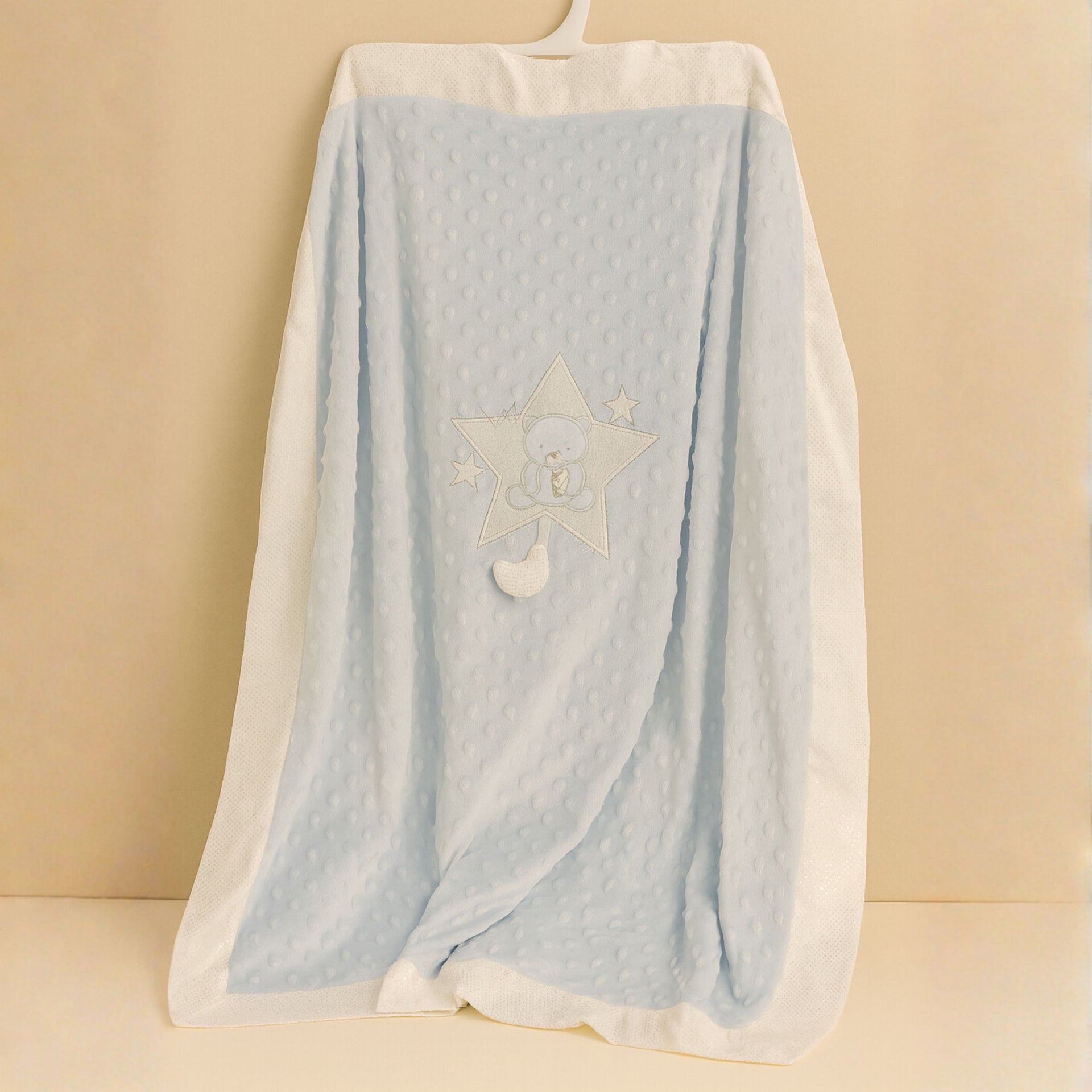 SUNNOZY Blue “Cute Bear” Plush Baby Blanket Set – Ultra-Soft Minky Fabric, 75x100 cm – Cozy Newborn Gift with Embroidered Teddy & Moon Design