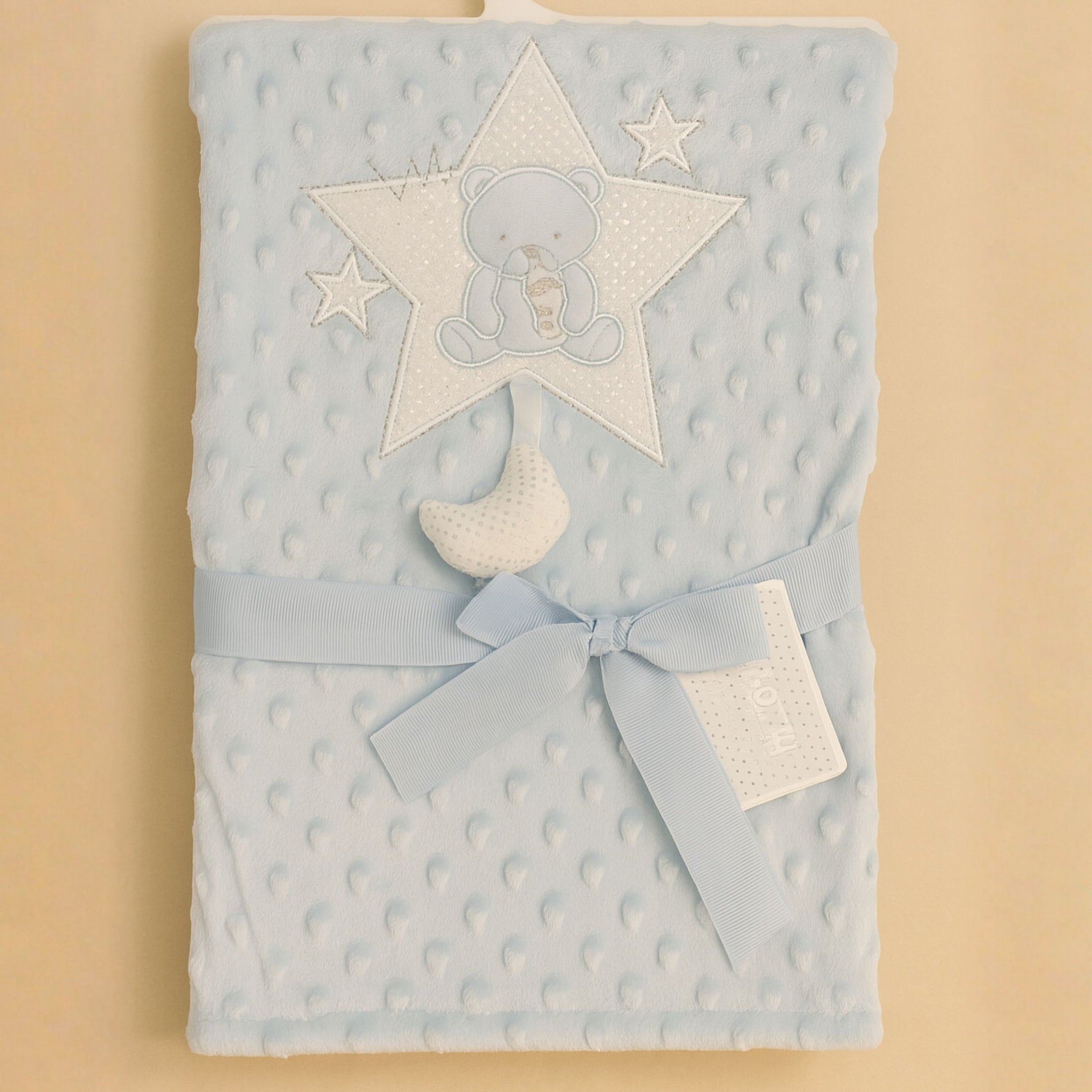 SUNNOZY Blue “Cute Bear” Plush Baby Blanket Set – Ultra-Soft Minky Fabric, 75x100 cm – Cozy Newborn Gift with Embroidered Teddy & Moon Design