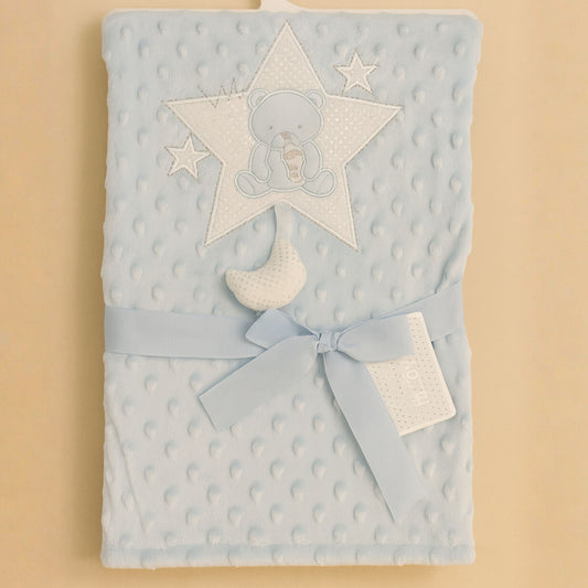 SUNNOZY Blue “Cute Bear” Plush Baby Blanket Set – Ultra-Soft Minky Fabric, 75x100 cm – Cozy Newborn Gift with Embroidered Teddy & Moon Design