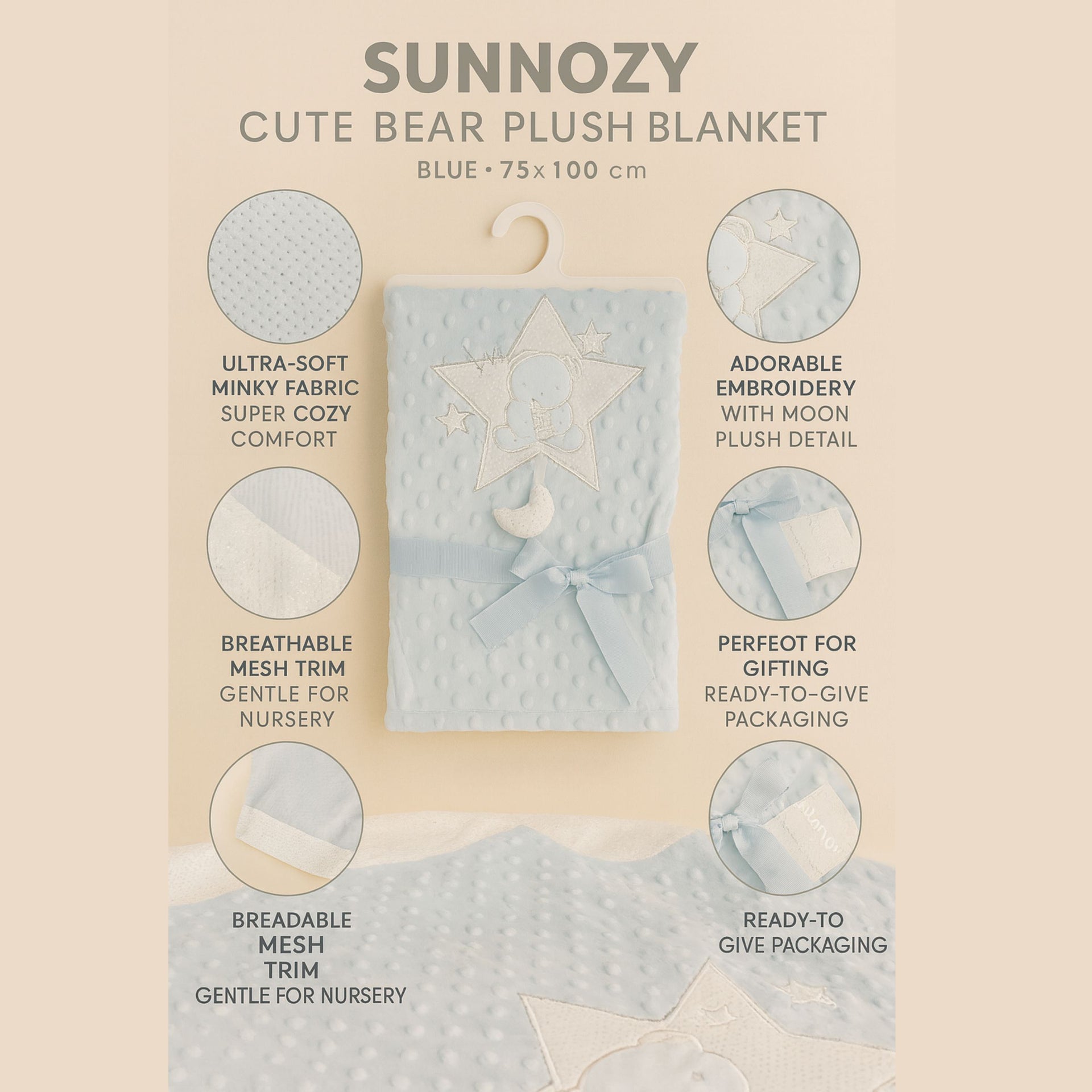 SUNNOZY Blue “Cute Bear” Plush Baby Blanket Set – Ultra-Soft Minky Fabric, 75x100 cm – Cozy Newborn Gift with Embroidered Teddy & Moon Design