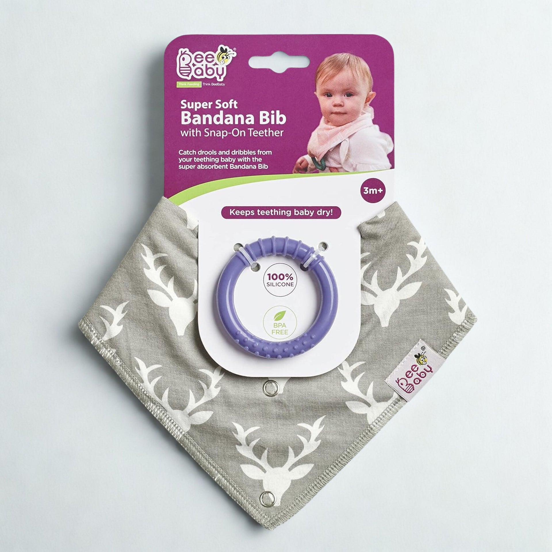 BeeBaby Super Absorbent & Soft Bandana Bib with Snap-On Teether. 100% Waterproof & Washable. ( Pink - Arrow) , (Gray - Deer) , (Blue - Stripes)