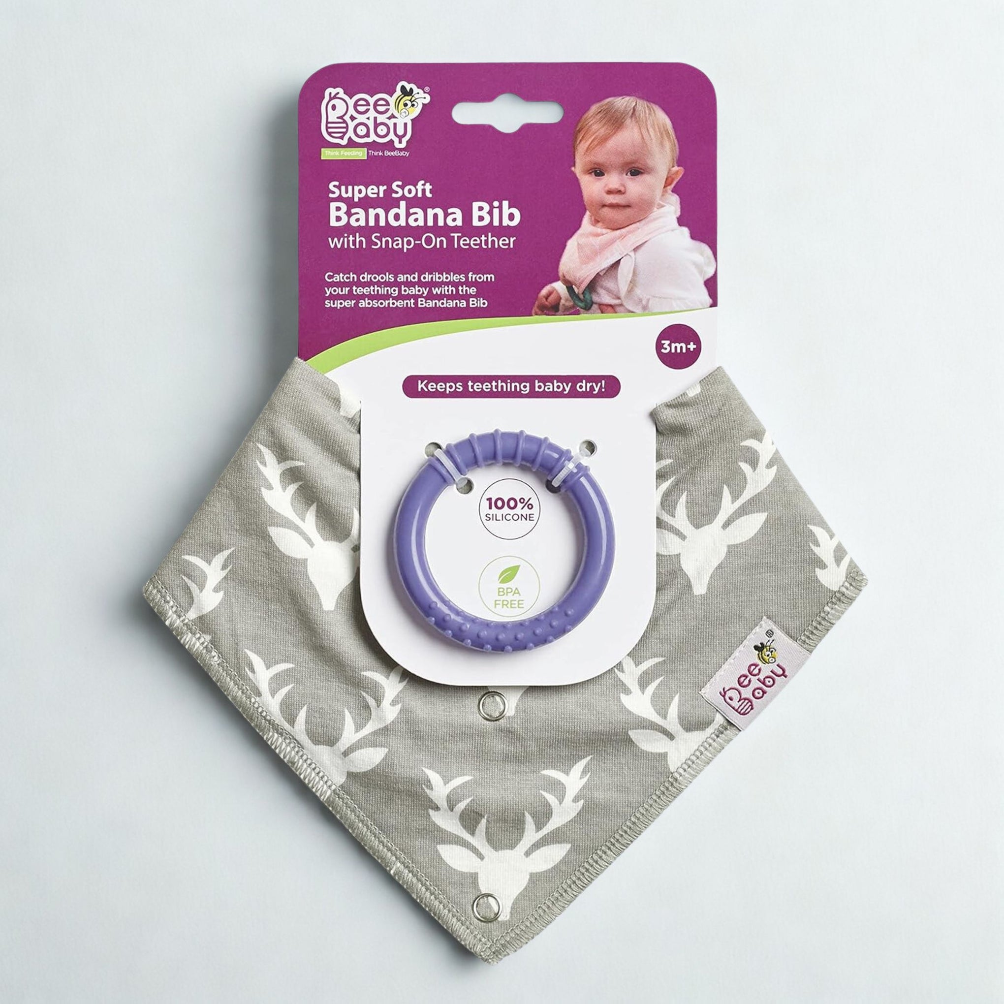 BeeBaby Super Absorbent & Soft Bandana Bib with Snap-On Teether. 100% Waterproof & Washable. ( Pink - Arrow) , (Gray - Deer) , (Blue - Stripes)