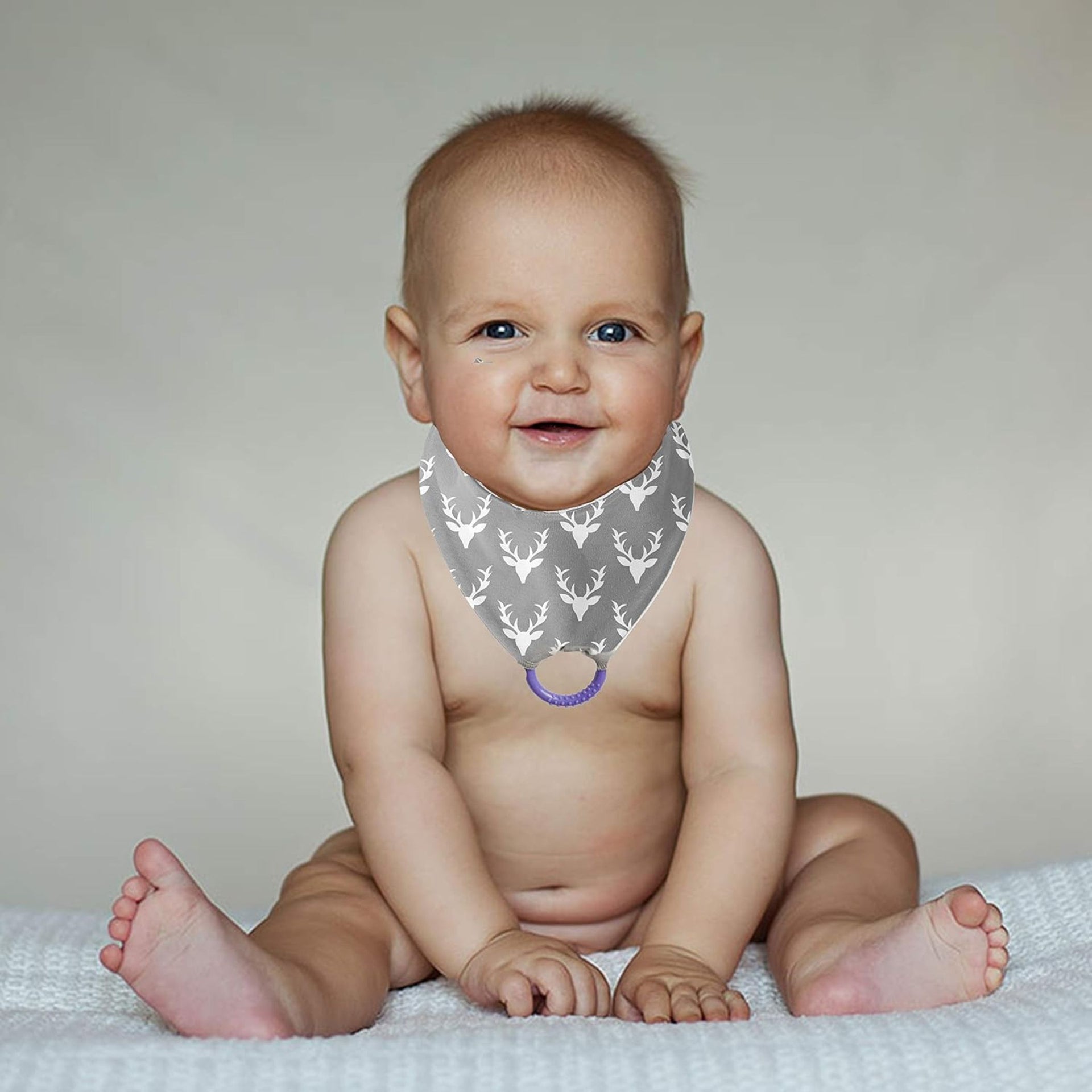 BeeBaby Super Absorbent & Soft Bandana Bib with Snap-On Teether. 100% Waterproof & Washable. ( Pink - Arrow) , (Gray - Deer) , (Blue - Stripes)