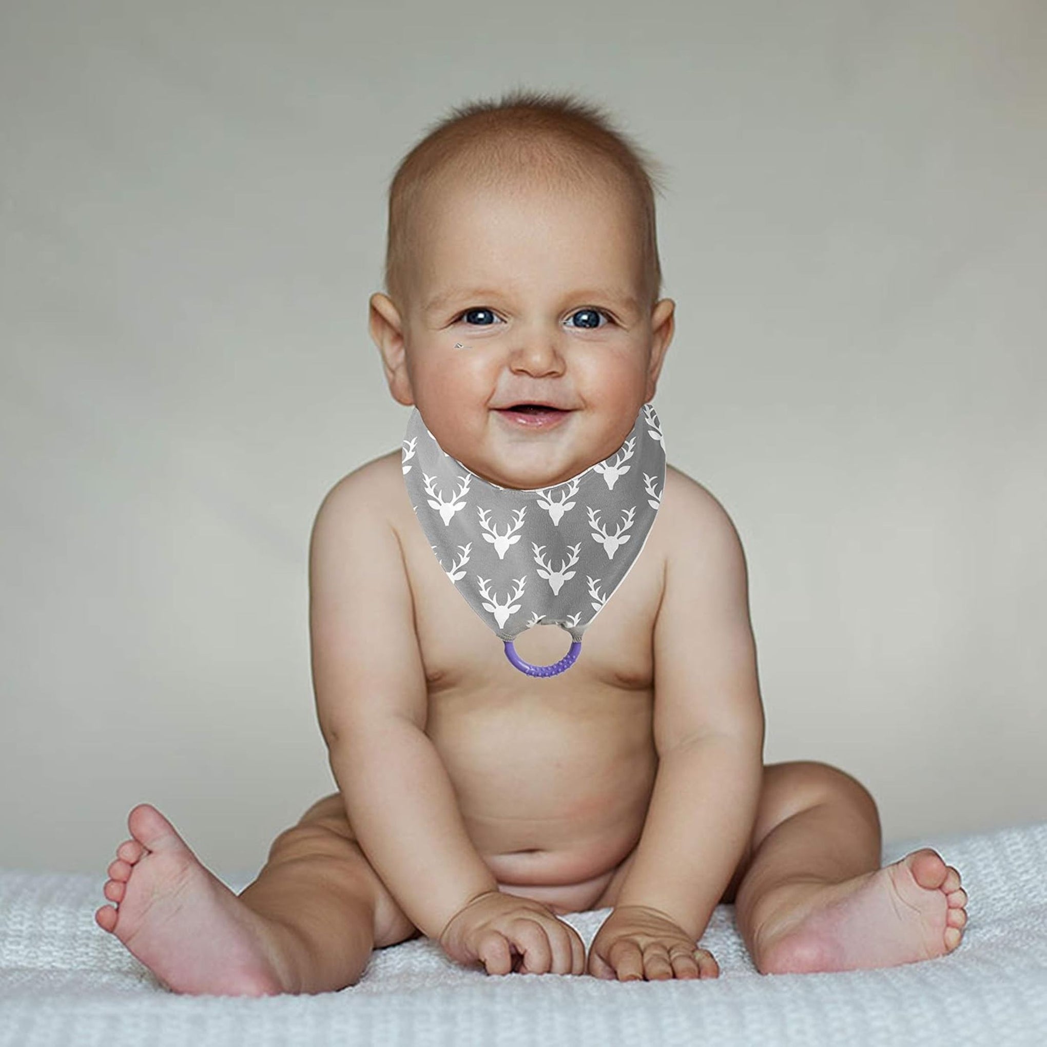BeeBaby Super Absorbent & Soft Bandana Bib with Snap-On Teether. 100% Waterproof & Washable. ( Pink - Arrow) , (Gray - Deer) , (Blue - Stripes)