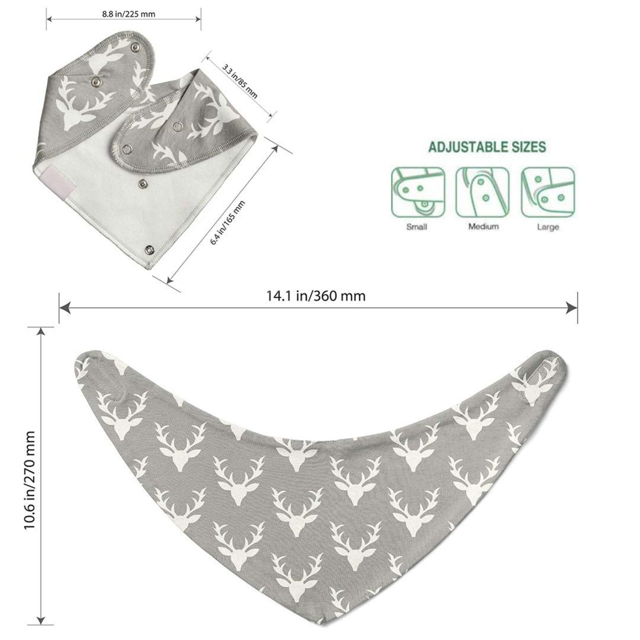 BeeBaby Super Absorbent & Soft Bandana Bib with Snap-On Teether. 100% Waterproof & Washable. ( Pink - Arrow) , (Gray - Deer) , (Blue - Stripes)