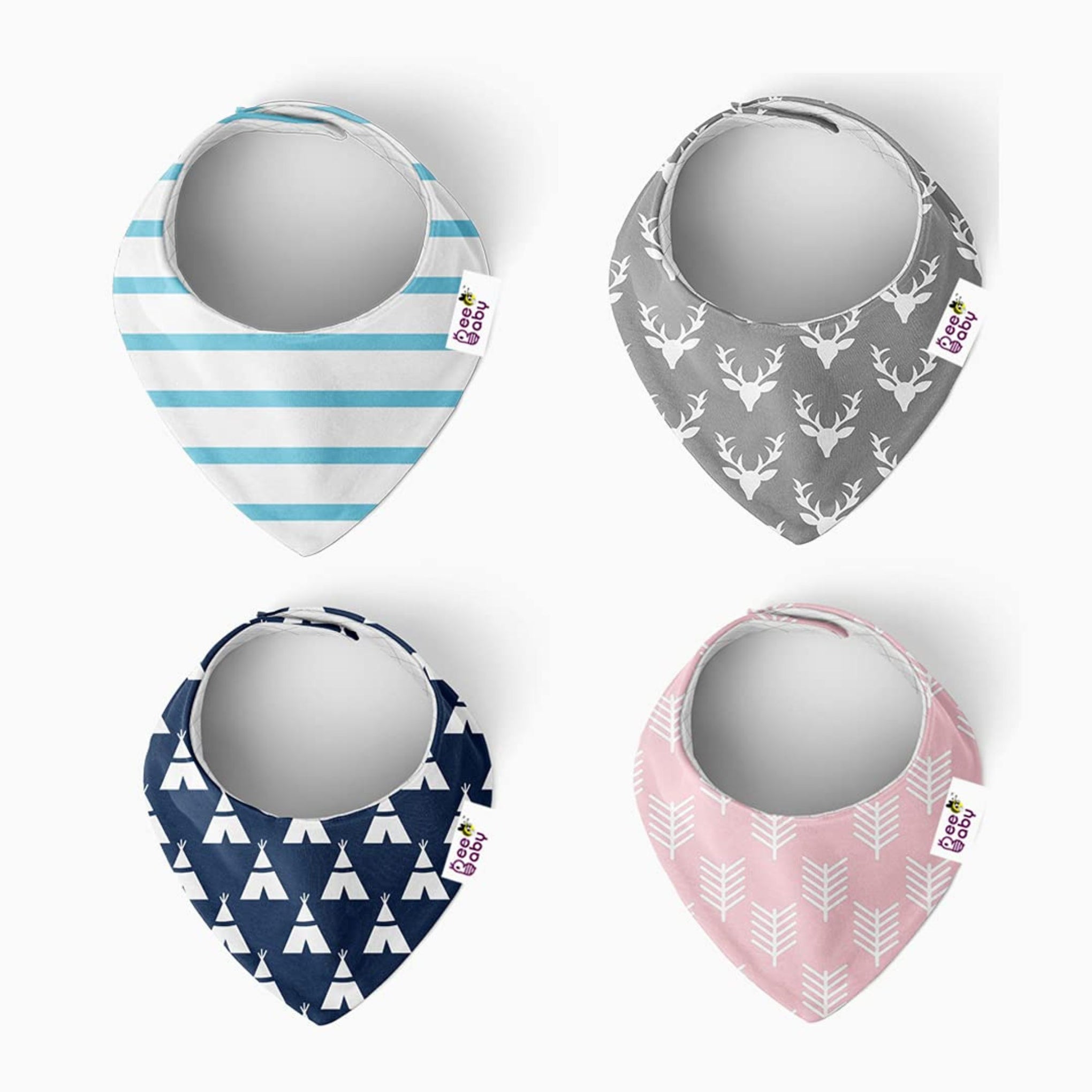 BeeBaby Super Absorbent & Soft Bandana Bib with Snap-On Teether. 100% Waterproof & Washable. ( Pink - Arrow) , (Gray - Deer) , (Blue - Stripes)