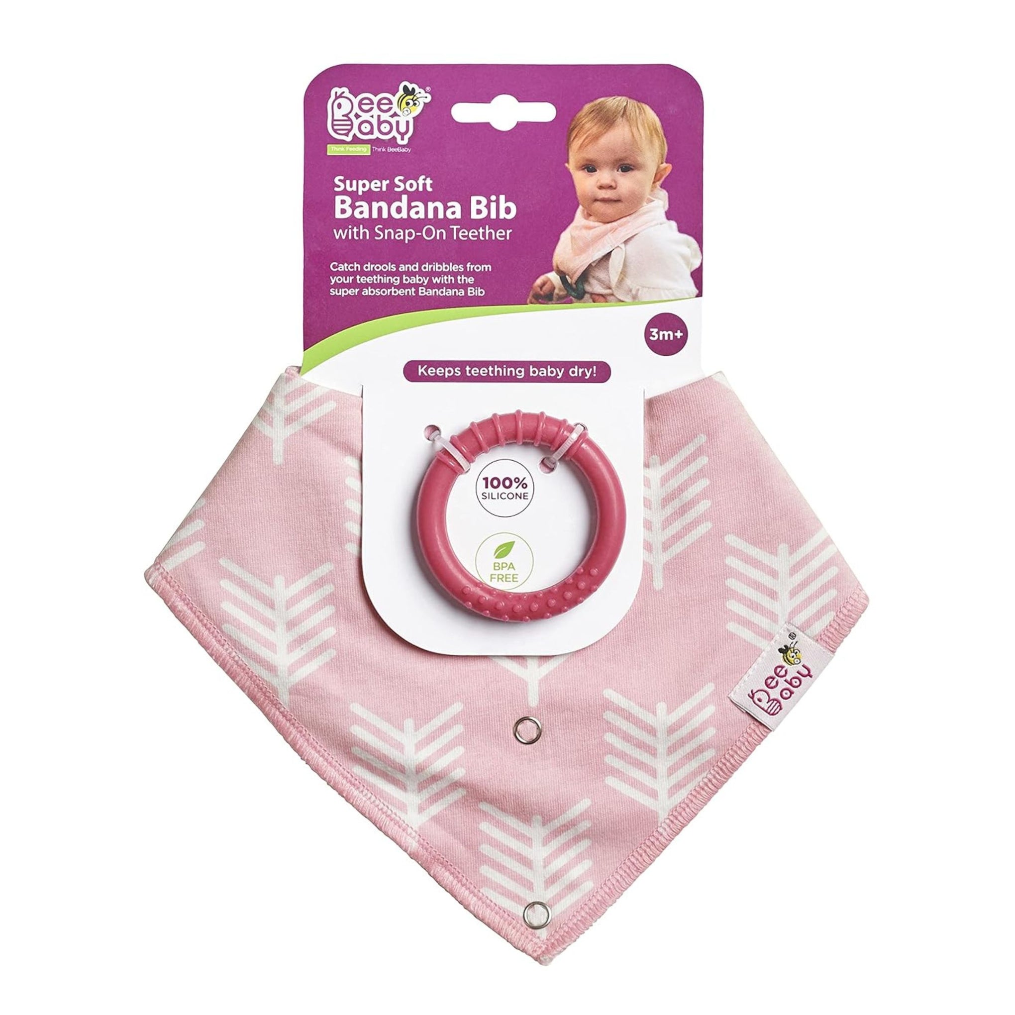 BeeBaby Super Absorbent & Soft Bandana Bib with Snap-On Teether. 100% Waterproof & Washable. ( Pink - Arrow) , (Gray - Deer) , (Blue - Stripes)