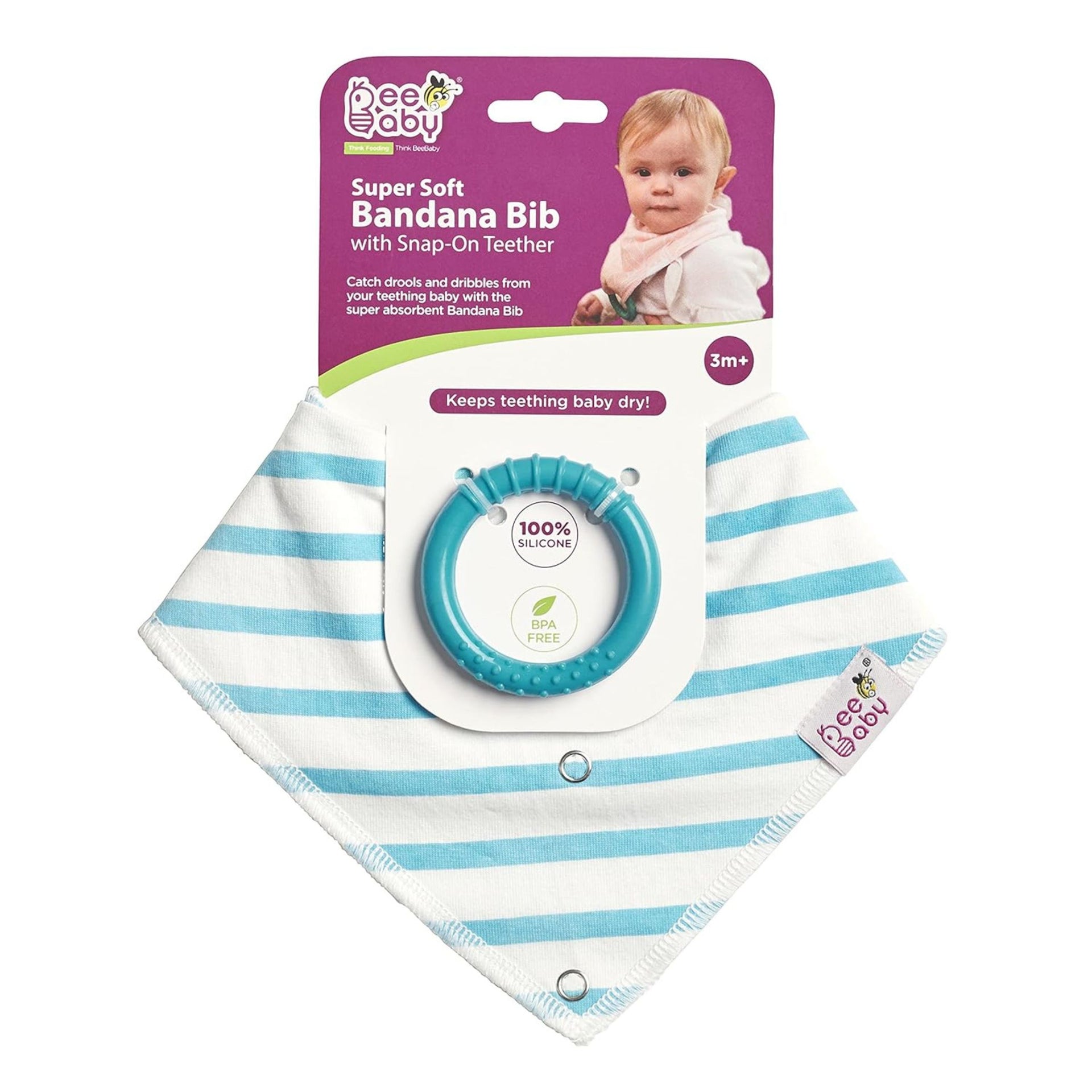 BeeBaby Super Absorbent & Soft Bandana Bib with Snap-On Teether. 100% Waterproof & Washable. ( Pink - Arrow) , (Gray - Deer) , (Blue - Stripes)
