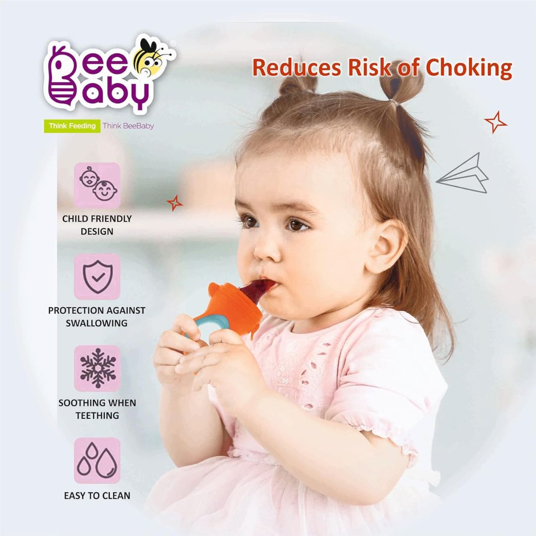 BeeBaby Soft Silicone Nibbler with Extra Mesh for Babies, Baby Fruit & Food Feeder, Anti Choking Fruit Pacifier, Teether for Infant, 100% BPA Free, 3 Months+ (Fresh - Orange)