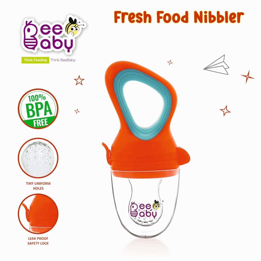 BeeBaby Soft Silicone Nibbler with Extra Mesh for Babies, Baby Fruit & Food Feeder, Anti Choking Fruit Pacifier, Teether for Infant, 100% BPA Free, 3 Months+ (Fresh - Orange)