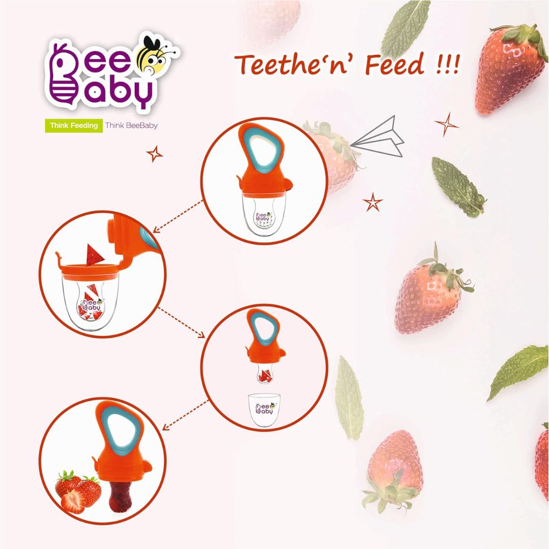 BeeBaby Soft Silicone Nibbler with Extra Mesh for Babies, Baby Fruit & Food Feeder, Anti Choking Fruit Pacifier, Teether for Infant, 100% BPA Free, 3 Months+ (Fresh - Orange)