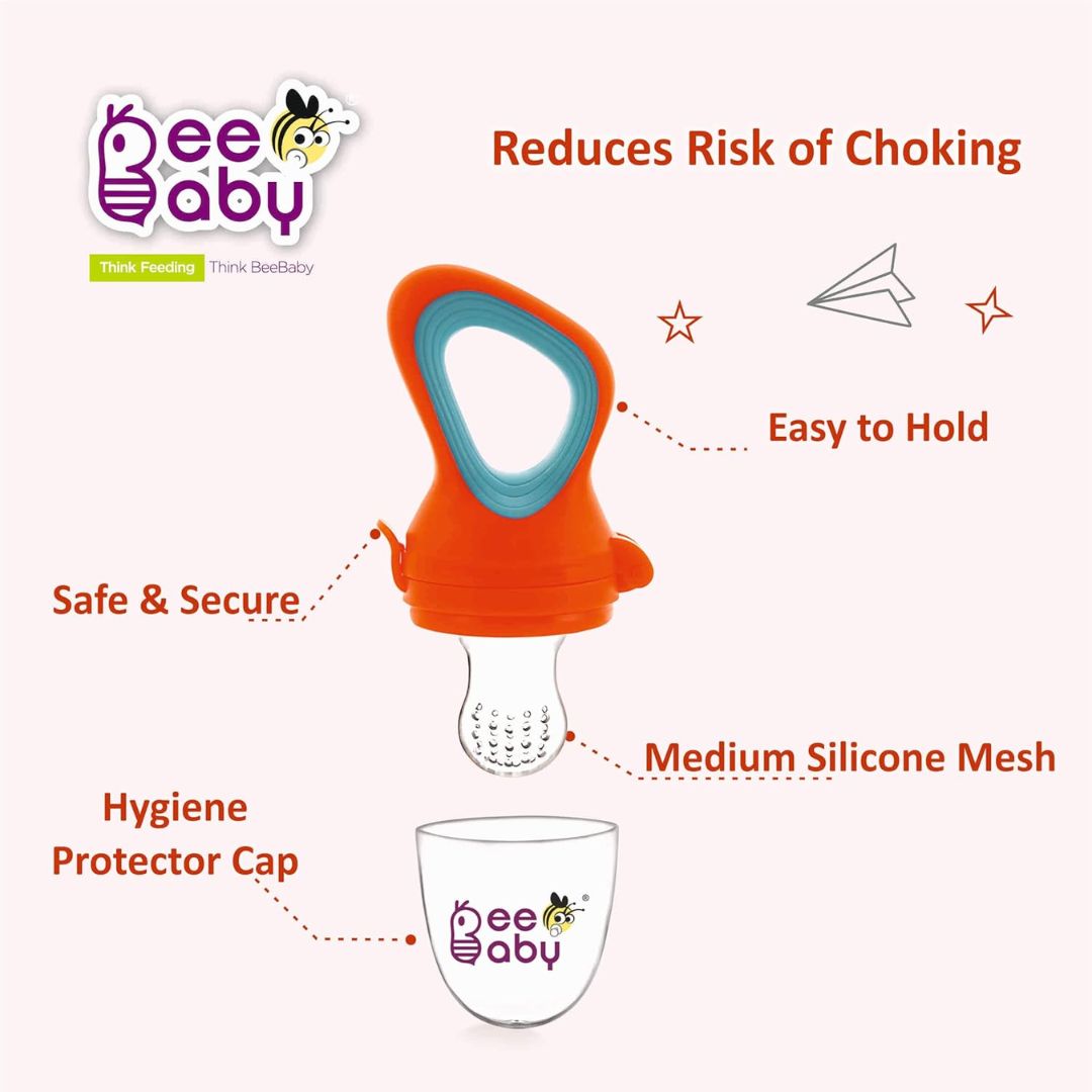 BeeBaby Soft Silicone Nibbler with Extra Mesh for Babies, Baby Fruit & Food Feeder, Anti Choking Fruit Pacifier, Teether for Infant, 100% BPA Free, 3 Months+ (Fresh - Orange)