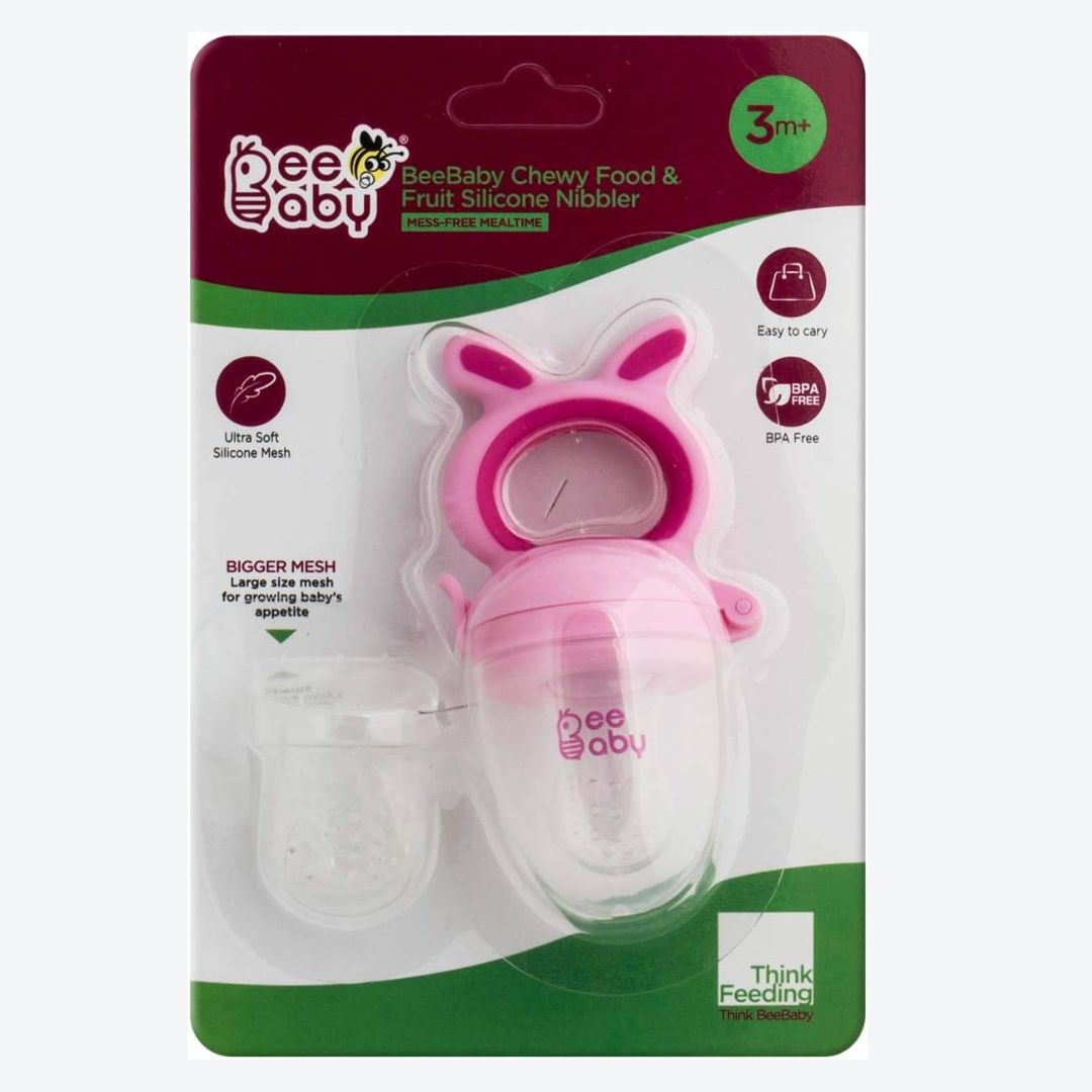 BeeBaby Chewy Silicone Food & Fruit Nibbler for Babies, BPA Free Fruit Feeder Pacifier with Extra Silicone Mesh (Chewy - Pink)