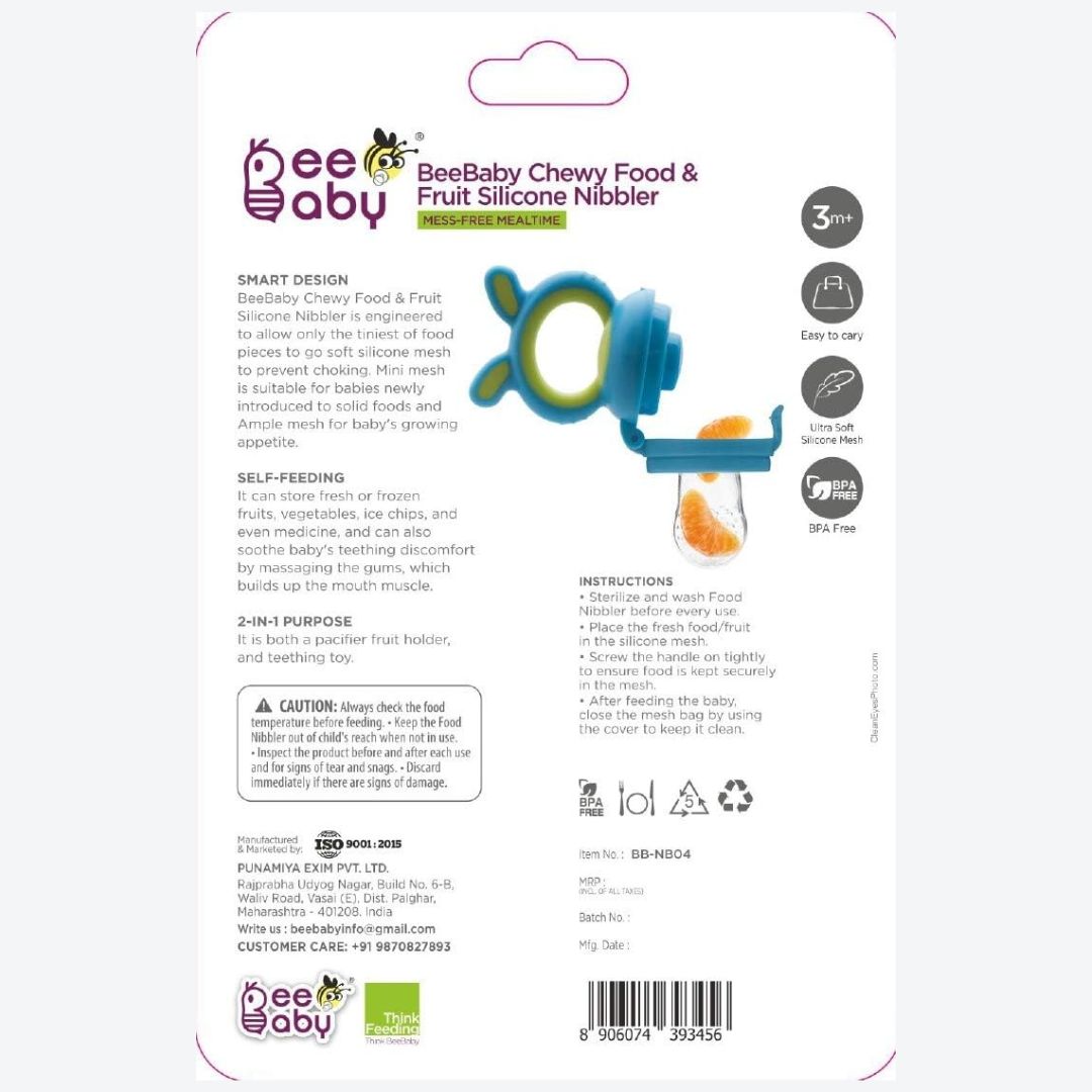 BeeBaby Chewy Silicone Food & Fruit Nibbler for Babies, BPA Free Fruit Feeder Pacifier with Extra Silicone Mesh (Chewy - Pink)