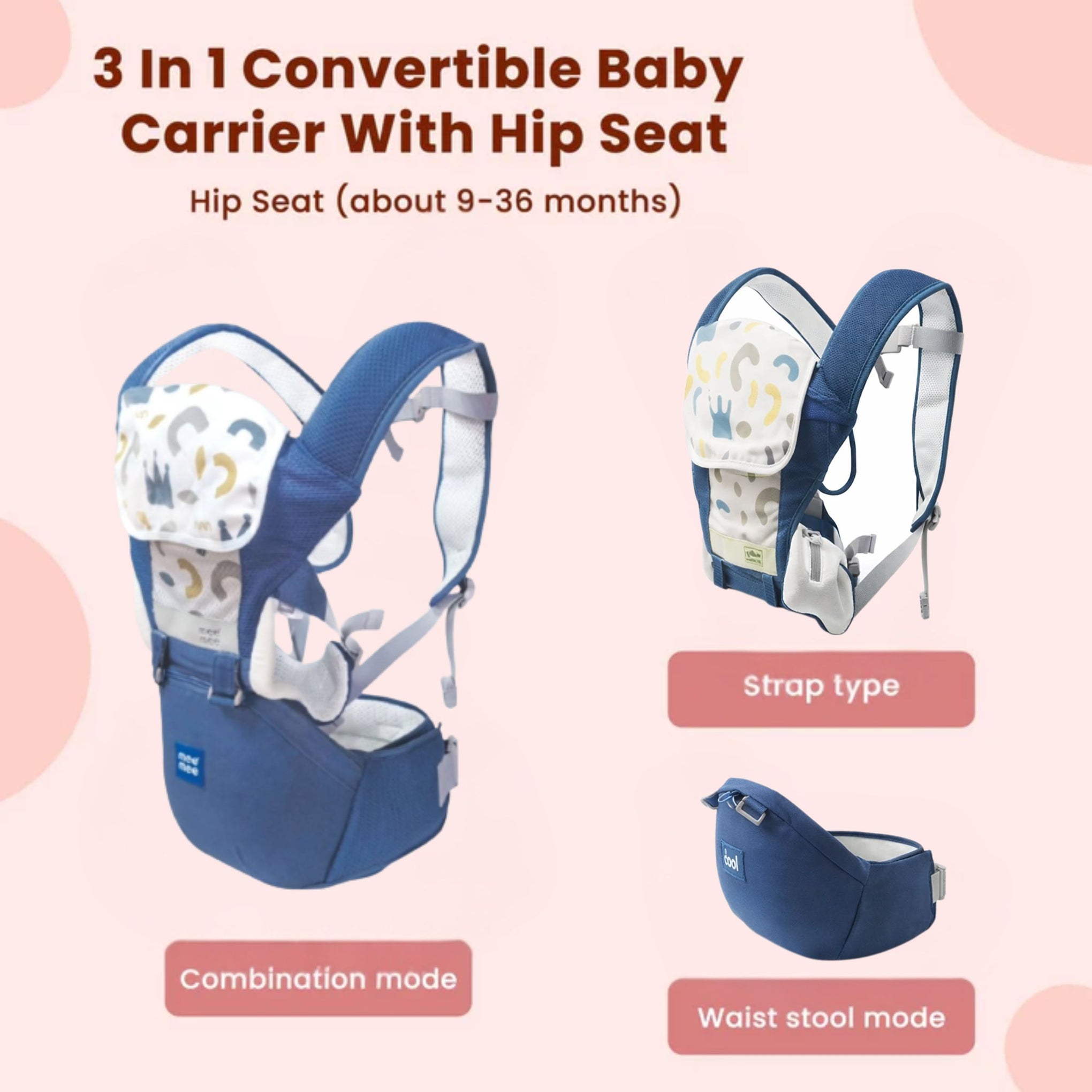 MEE MEE 8 in 1 Advanced Baby Bliss Sling Carrier with Hip Seat – Blue | Ergonomic, Breathable & Convertible Baby Carrier (9–36 Months)