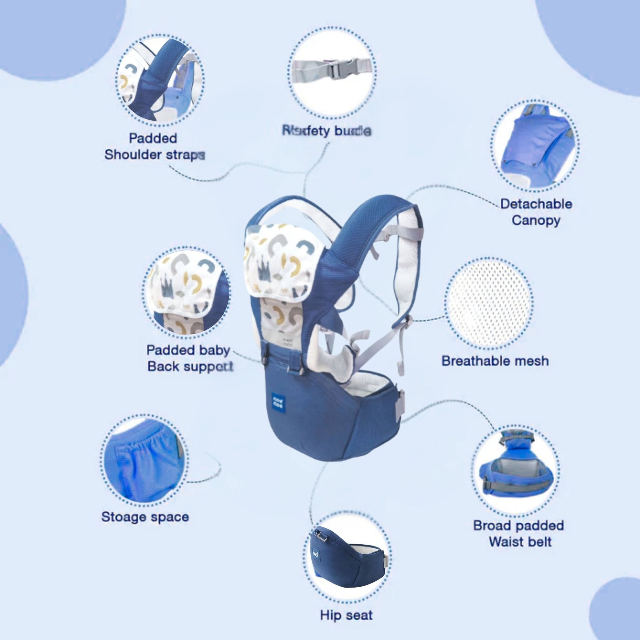 MEE MEE 8 in 1 Advanced Baby Bliss Sling Carrier with Hip Seat – Blue | Ergonomic, Breathable & Convertible Baby Carrier (9–36 Months)