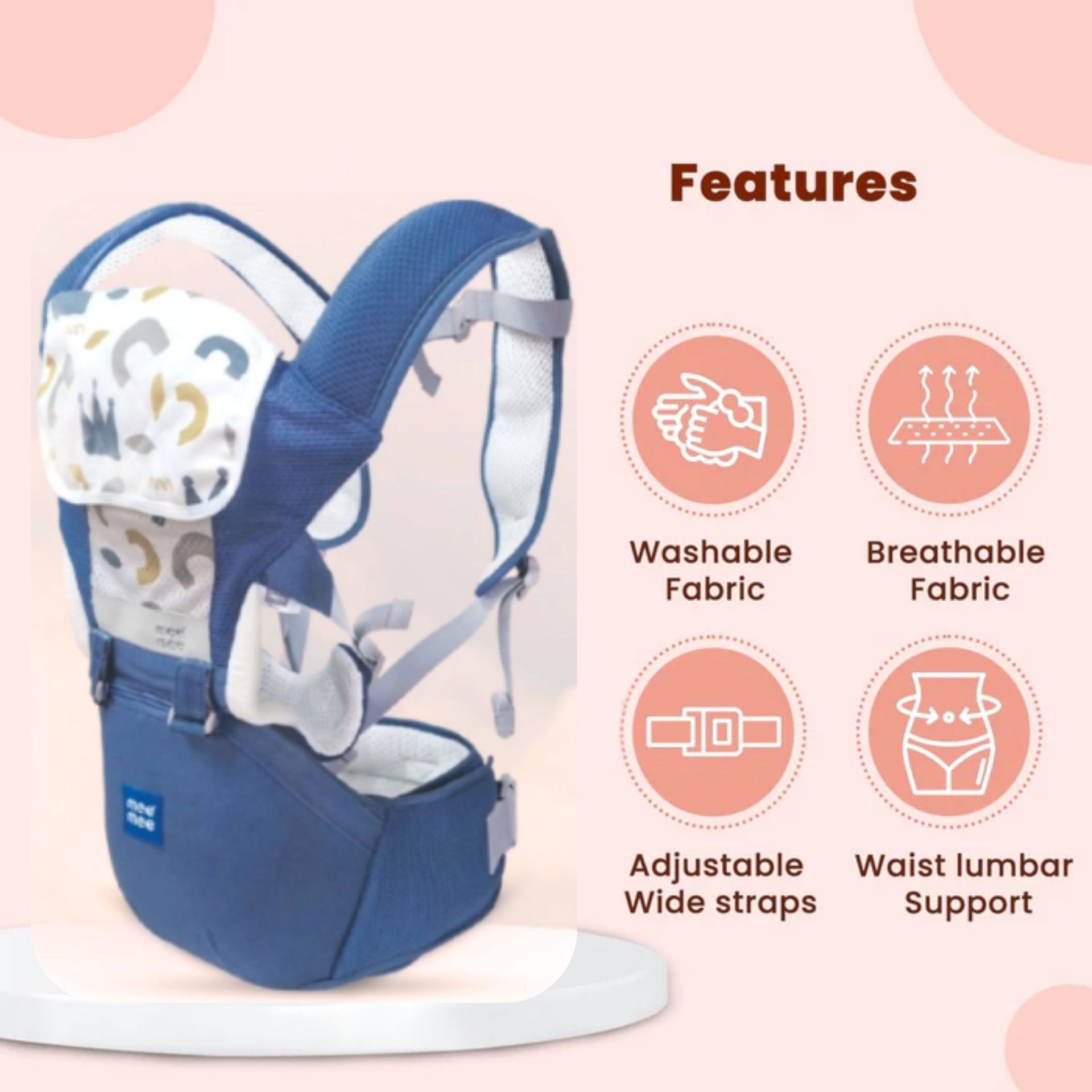 MEE MEE 8 in 1 Advanced Baby Bliss Sling Carrier with Hip Seat – Blue | Ergonomic, Breathable & Convertible Baby Carrier (9–36 Months)